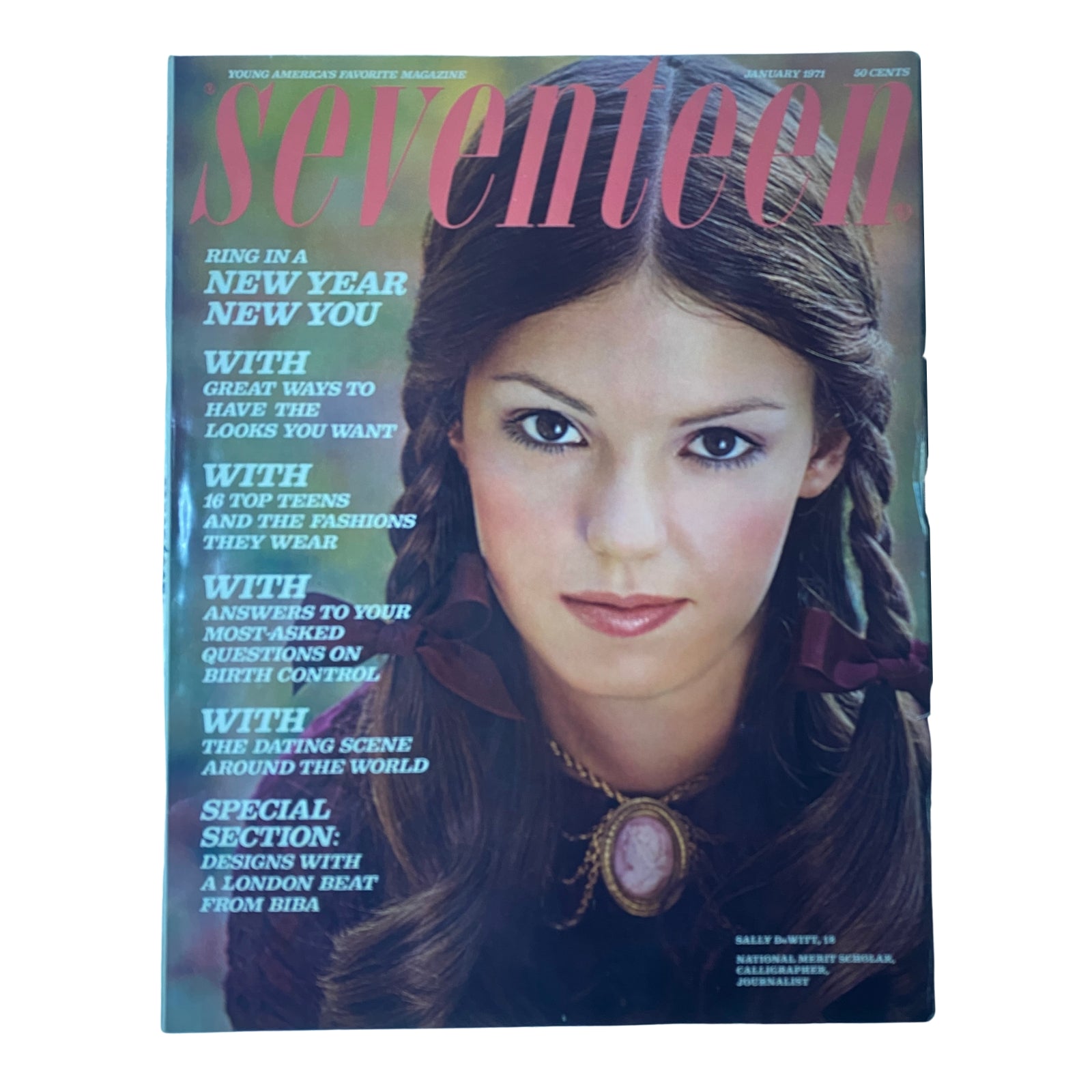 Cover of Seventeen Magazine January 1971 featuring a young girl with long hair and braids, promoting themes of New Year renewal, teen fashion, and beauty advice.