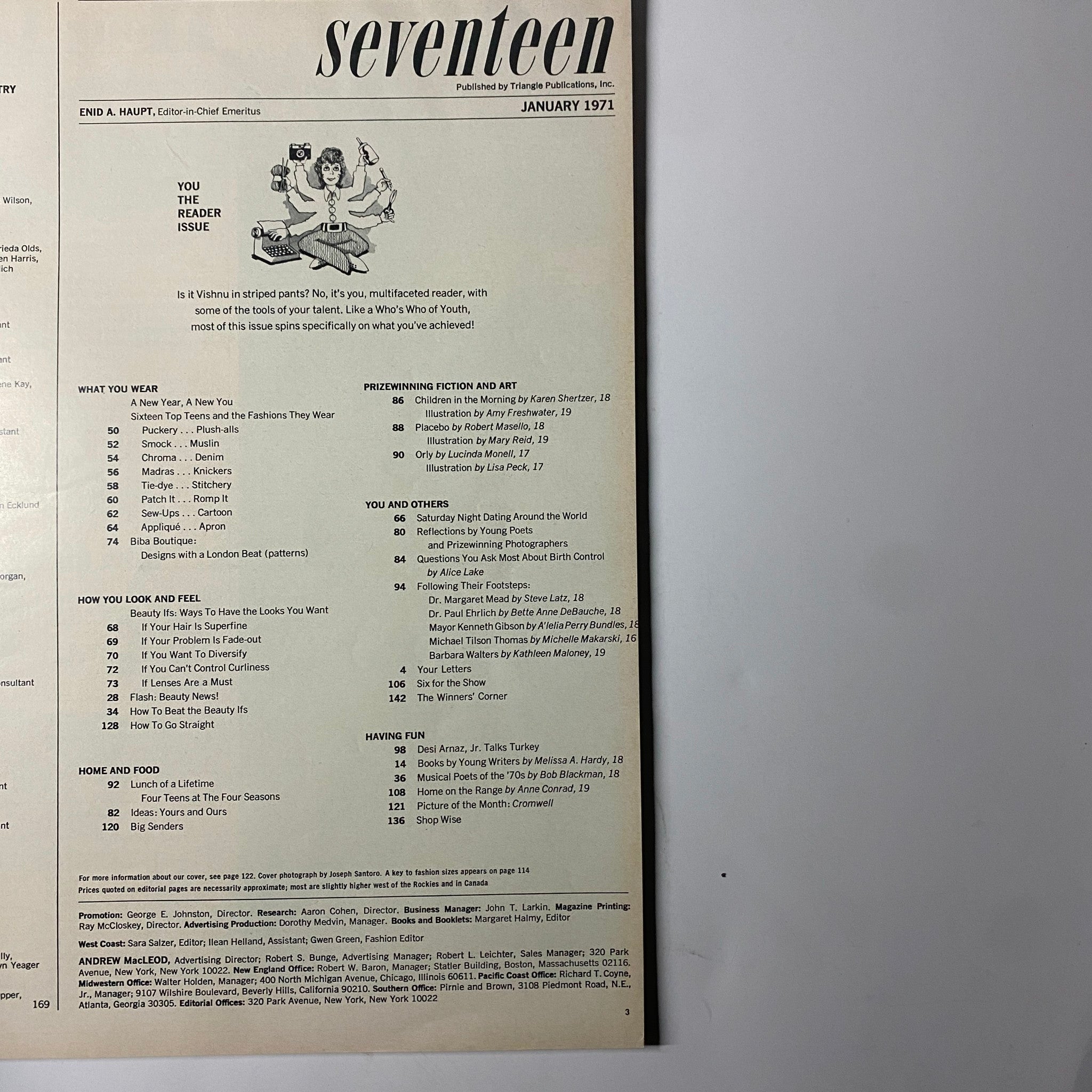 Contents page of Seventeen Magazine January 1971, highlighting articles including prizewinning fiction and dating advice with graphics illustrating youth culture.
