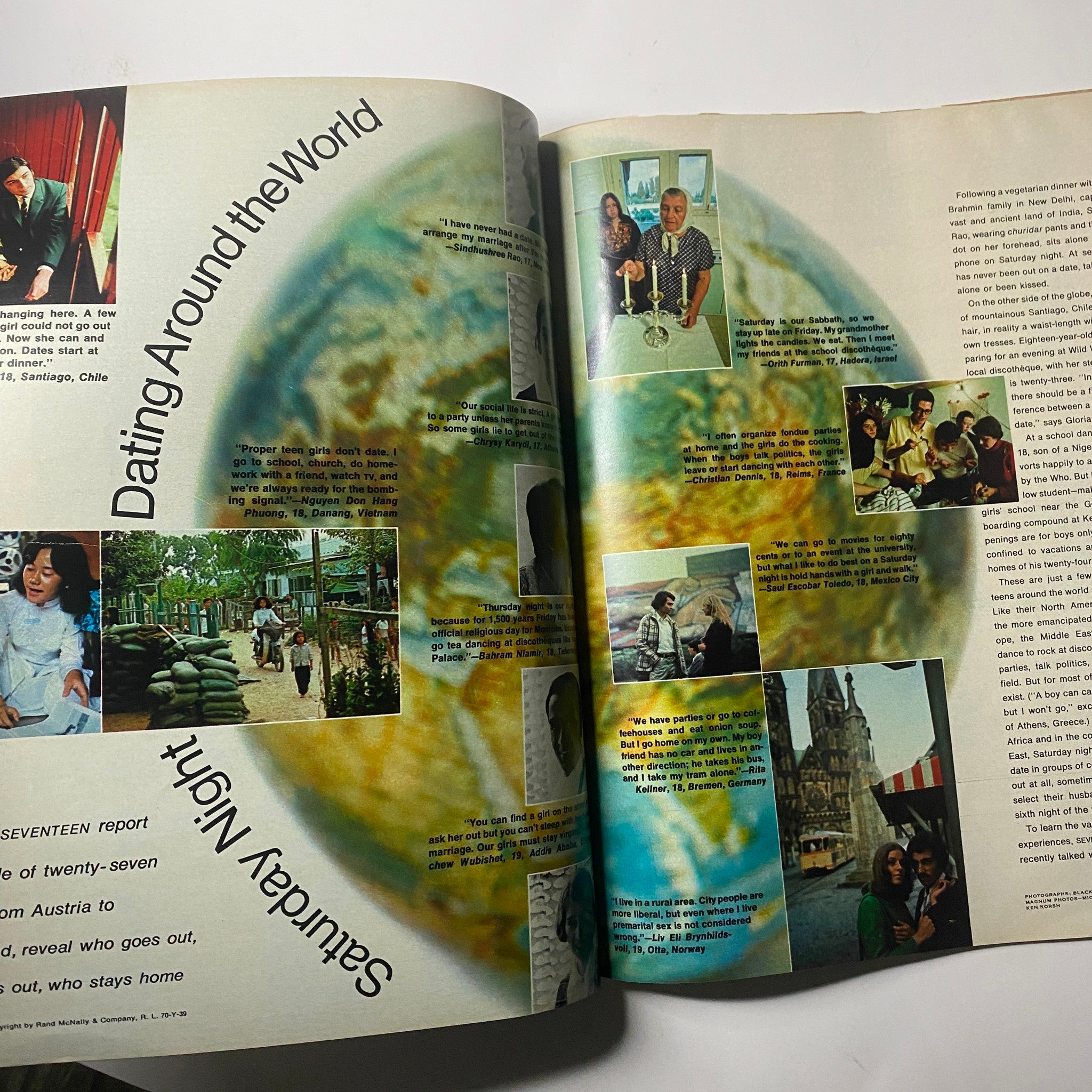 Feature spread from Seventeen Magazine January 1971 titled 'Saturday Night Dating Around the World,' showcasing diverse cultural takes on teen dating.