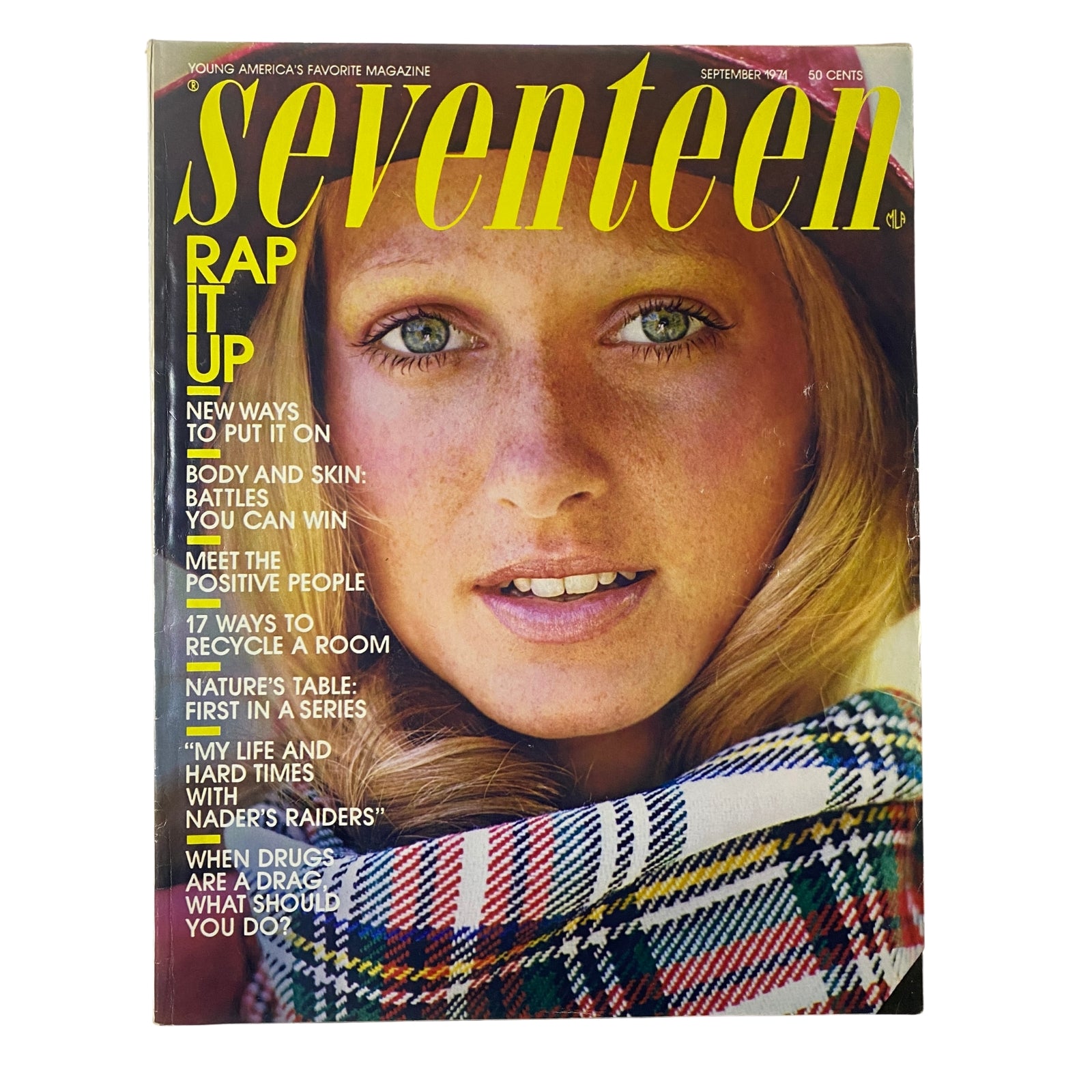 Cover of Seventeen Magazine September 1971 titled 'Rap It Up', showcasing a model with a plaid scarf, reflecting the fashion and culture of the early 1970s.