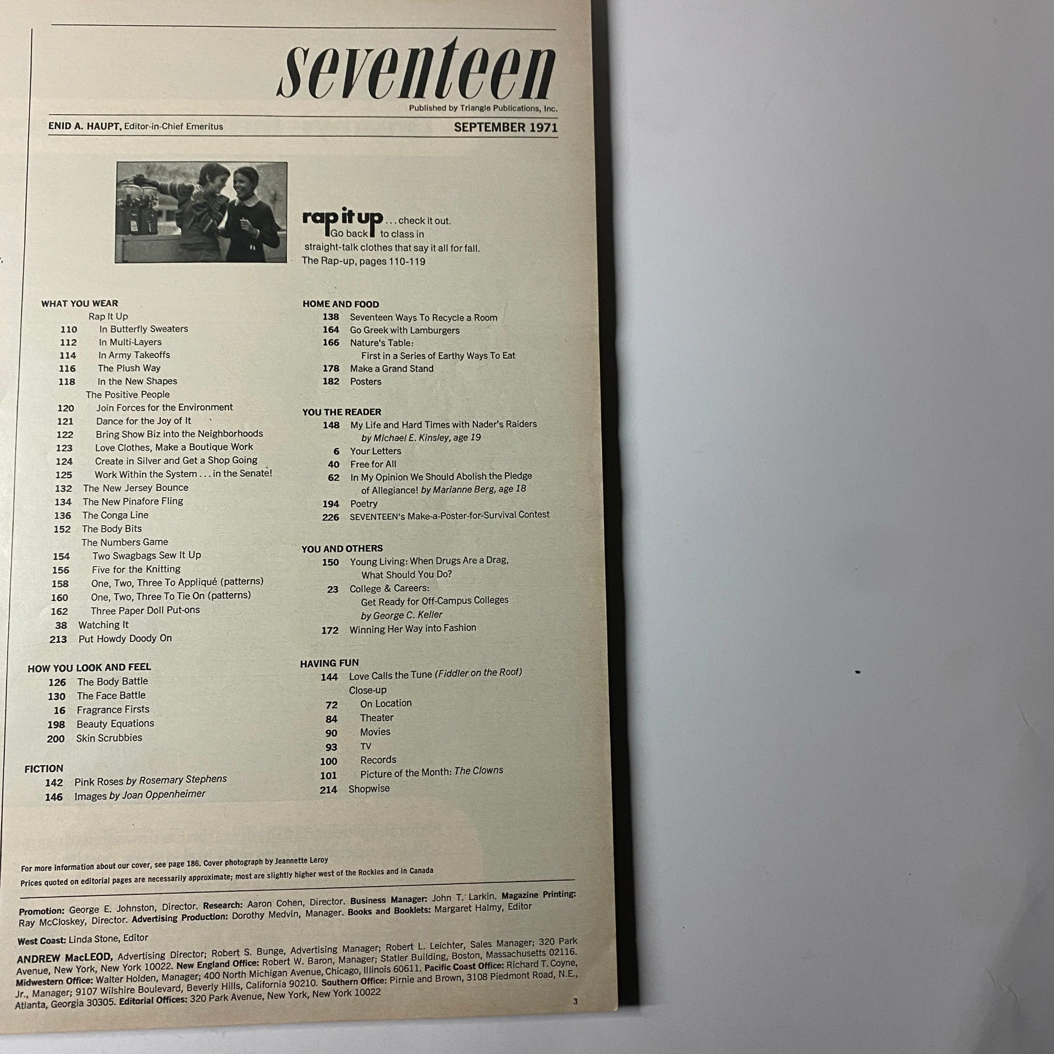 Table of contents from Seventeen Magazine September 1971, detailing sections including fashion, home, food, and more.