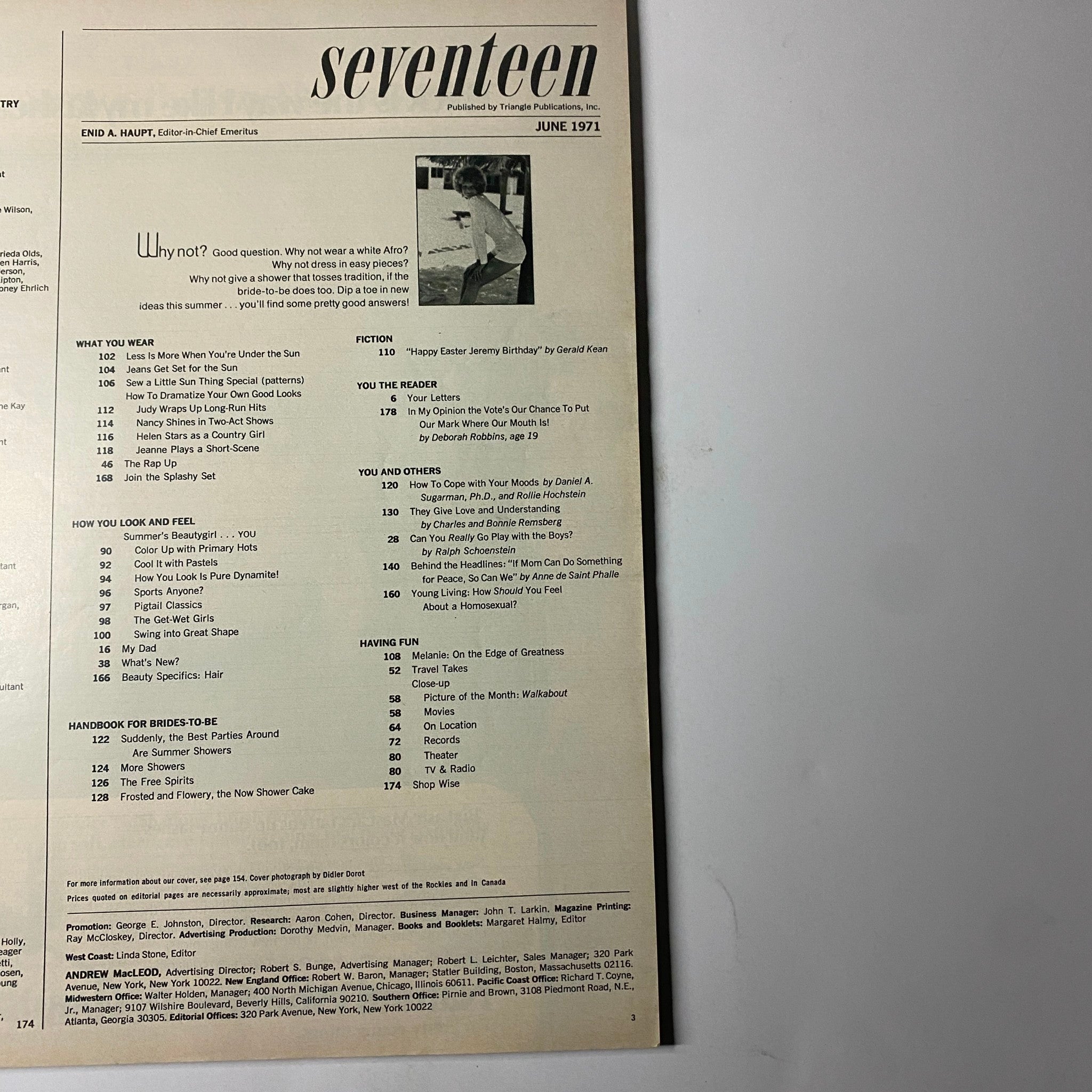Seventeen Magazine June 1971 featuring a table of contents, highlighting various sections such as youth culture and fashion. Title: Seventeen Magazine June 1971 Happy Easter Jeremy Birthday No Label VG.