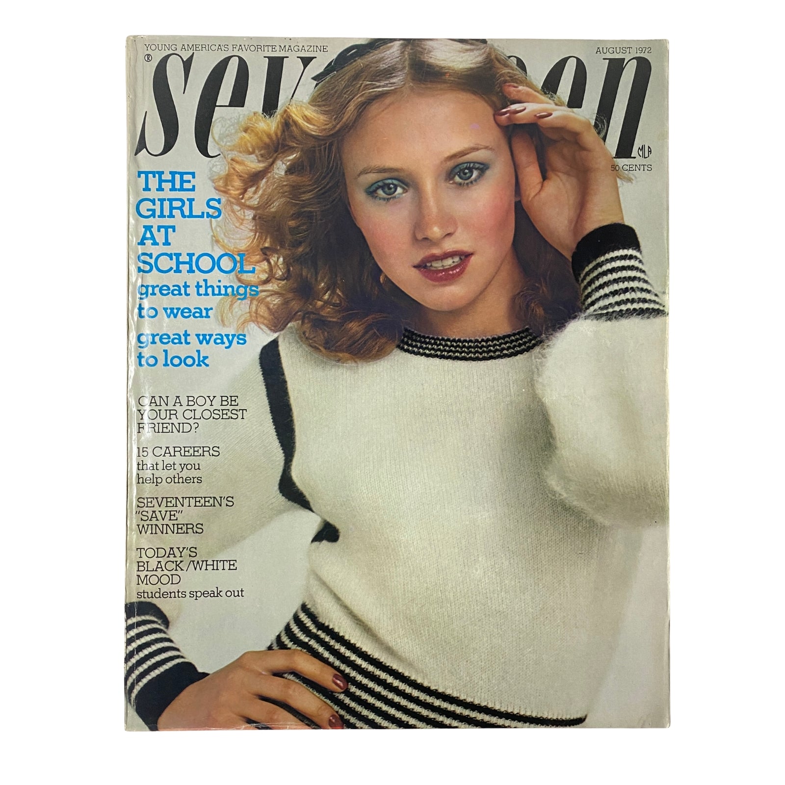 Cover of Seventeen Magazine August 1972 featuring the theme 'The Girls at School' showcasing a model in a stylish sweater.