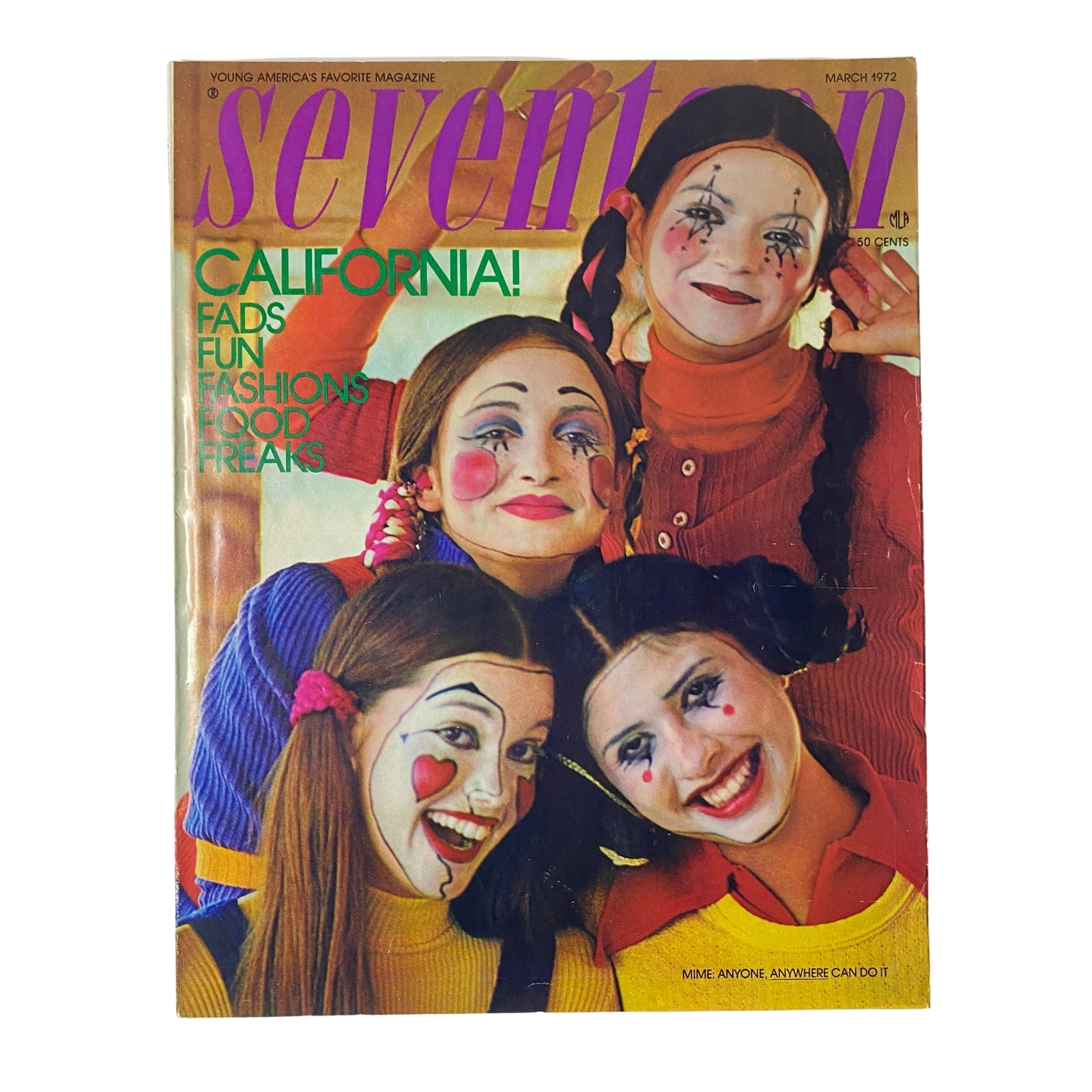Cover of Seventeen Magazine March 1972 featuring a colorful and playful image of four girls with painted faces, embodying California youth culture, aligned with the theme 'Exploring the Stark Mojave'.