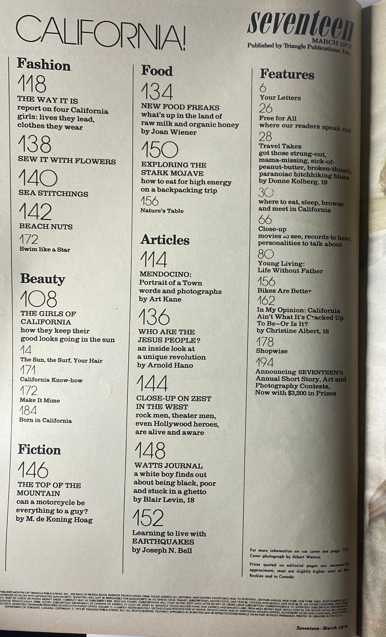 Seventeen Magazine March 1972 table of contents highlighting California lifestyle, fashion, food, and features, published by Triangle Publications.