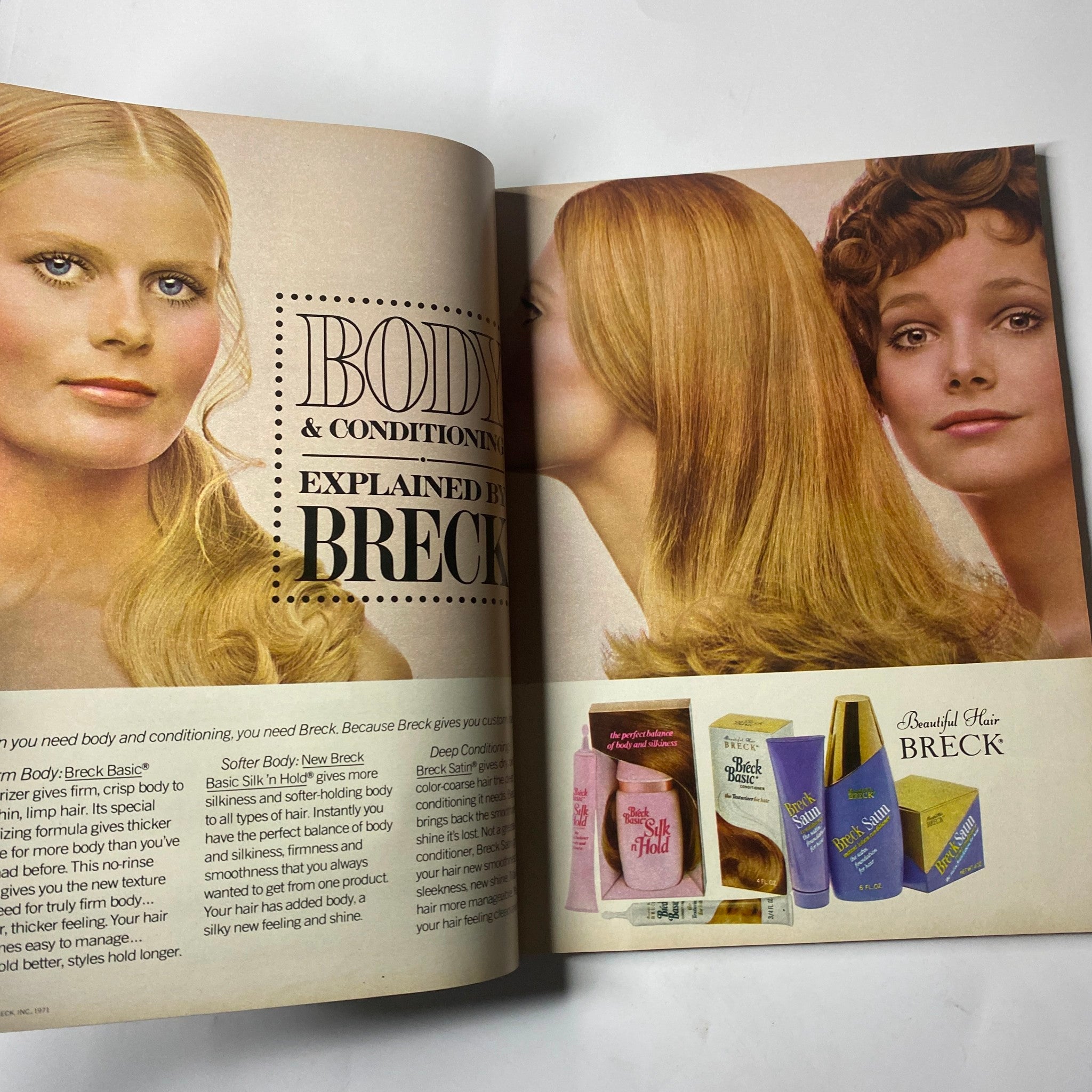 Seventeen Magazine August 1971 – An advertisement featuring Breck products highlighting body and conditioning solutions, accompanied by two models showcasing hair variations.