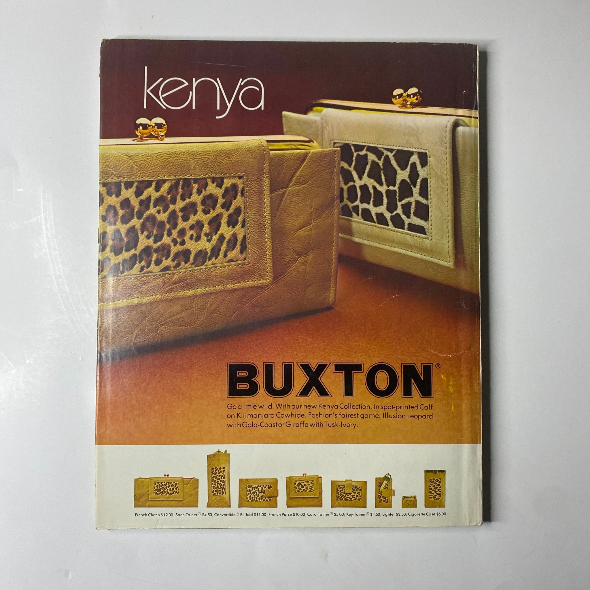 Seventeen Magazine August 1971 – Advertisement for Buxton featuring the Kenya collection, showcasing a stylish handbag design inspired by animal prints.