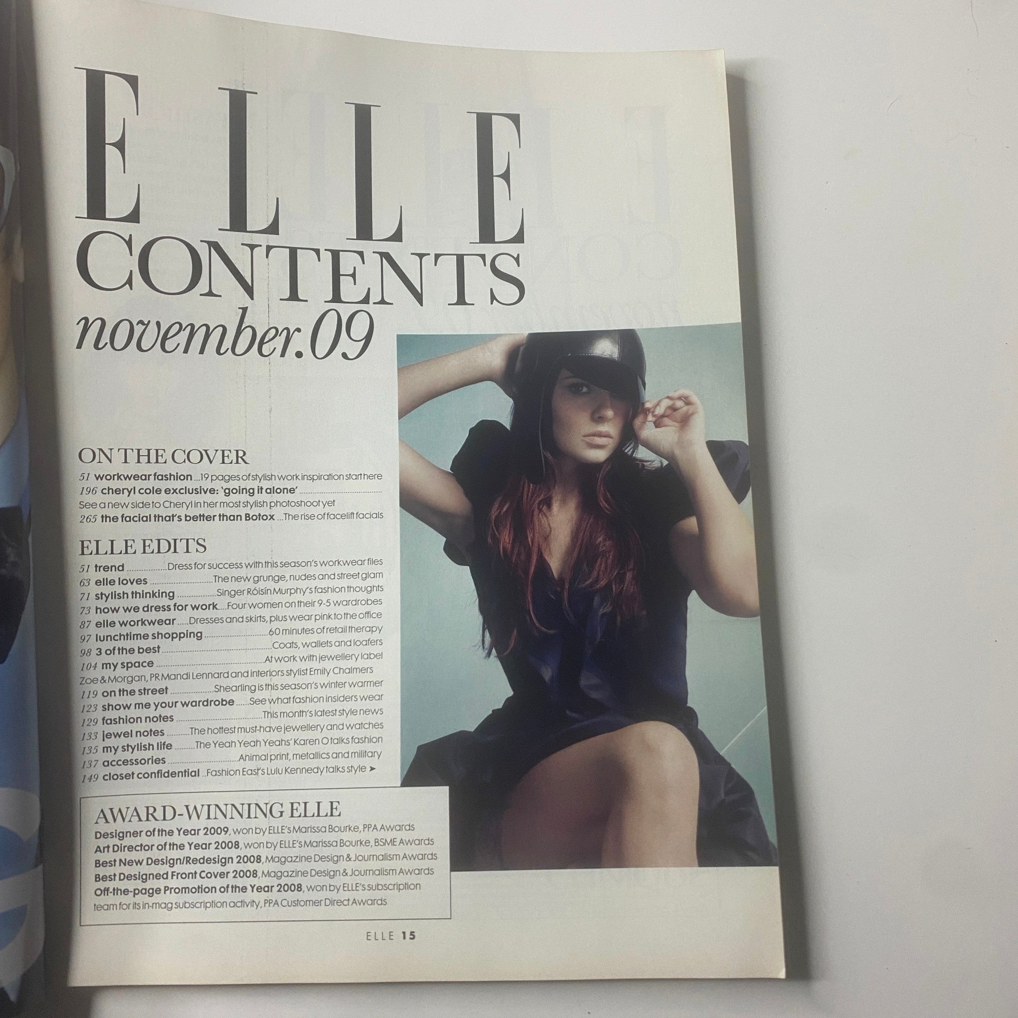 Elle UK Magazine November 2009 contents page featuring fashion editorial highlights and Cheryl Cole on the cover.
