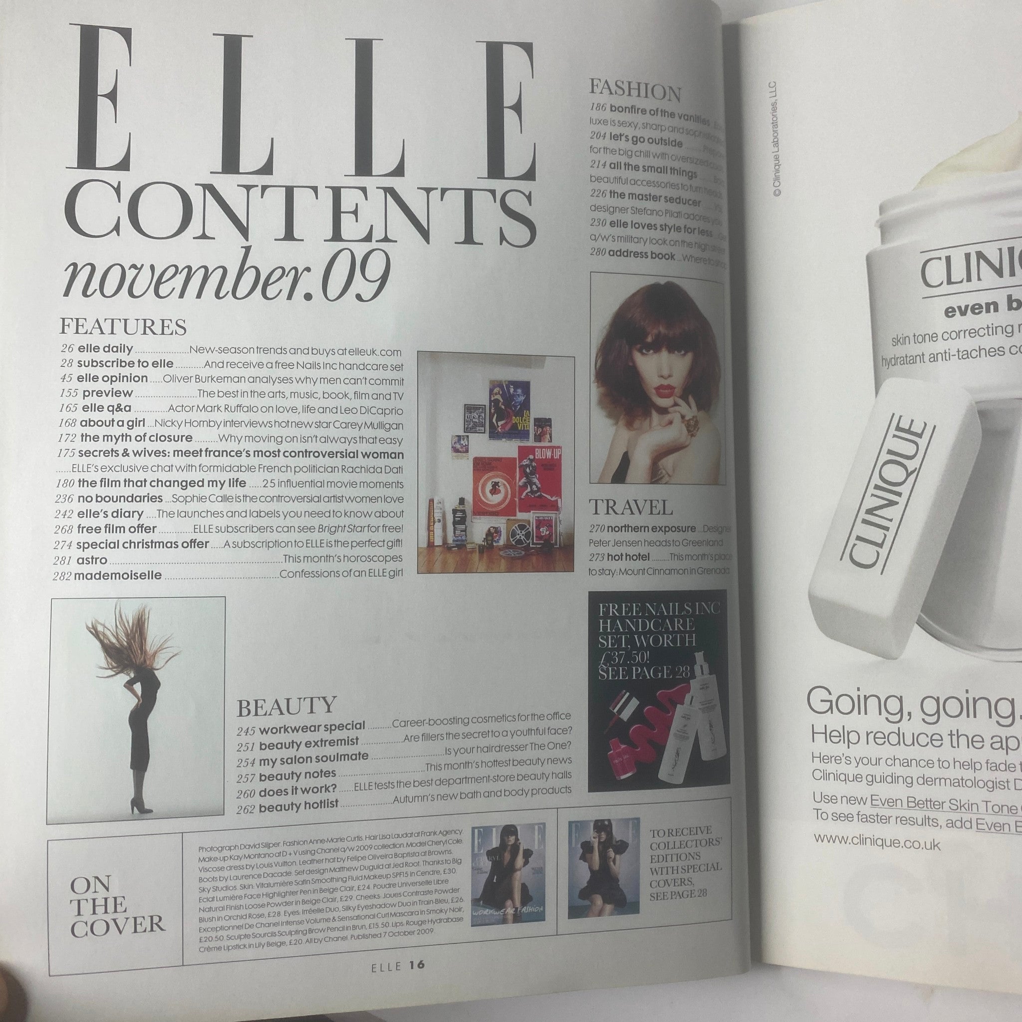 Elle UK Magazine November 2009 contents page showcasing fashion, beauty, and travel features with editorial layouts.