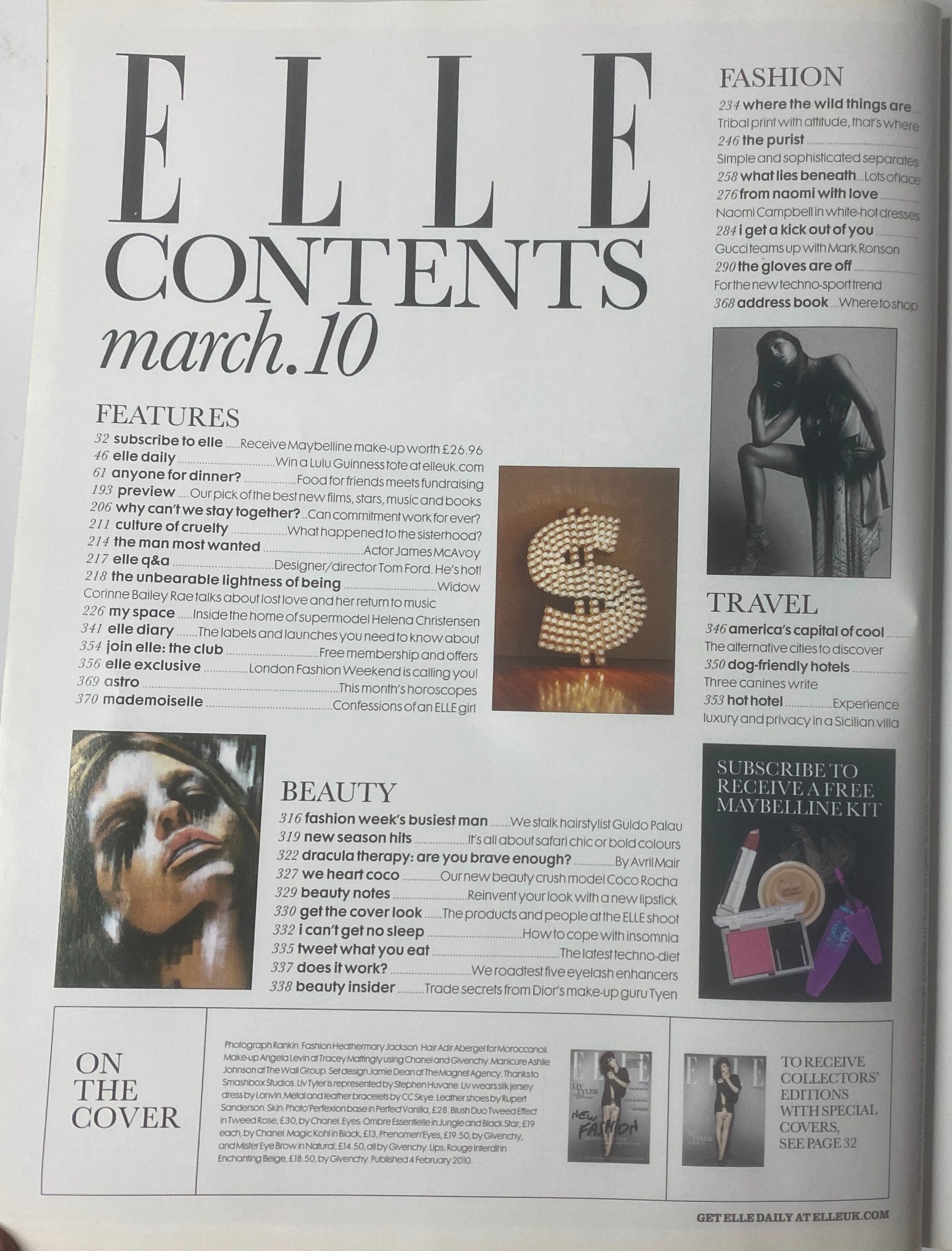 Contents page of Elle UK Magazine March 2010, outlining fashion and cultural features including Liv Tyler.