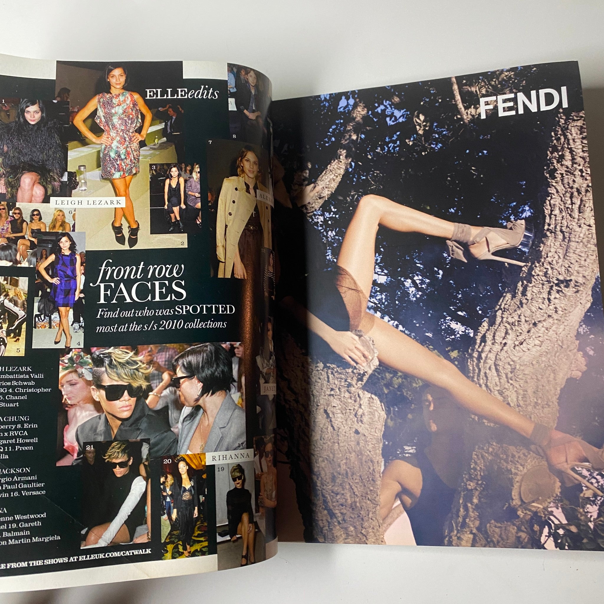 Elle UK Magazine March 2010 featuring Fendi advertisement with images from fashion shows, showcasing front row faces from the Spring 2010 collections.