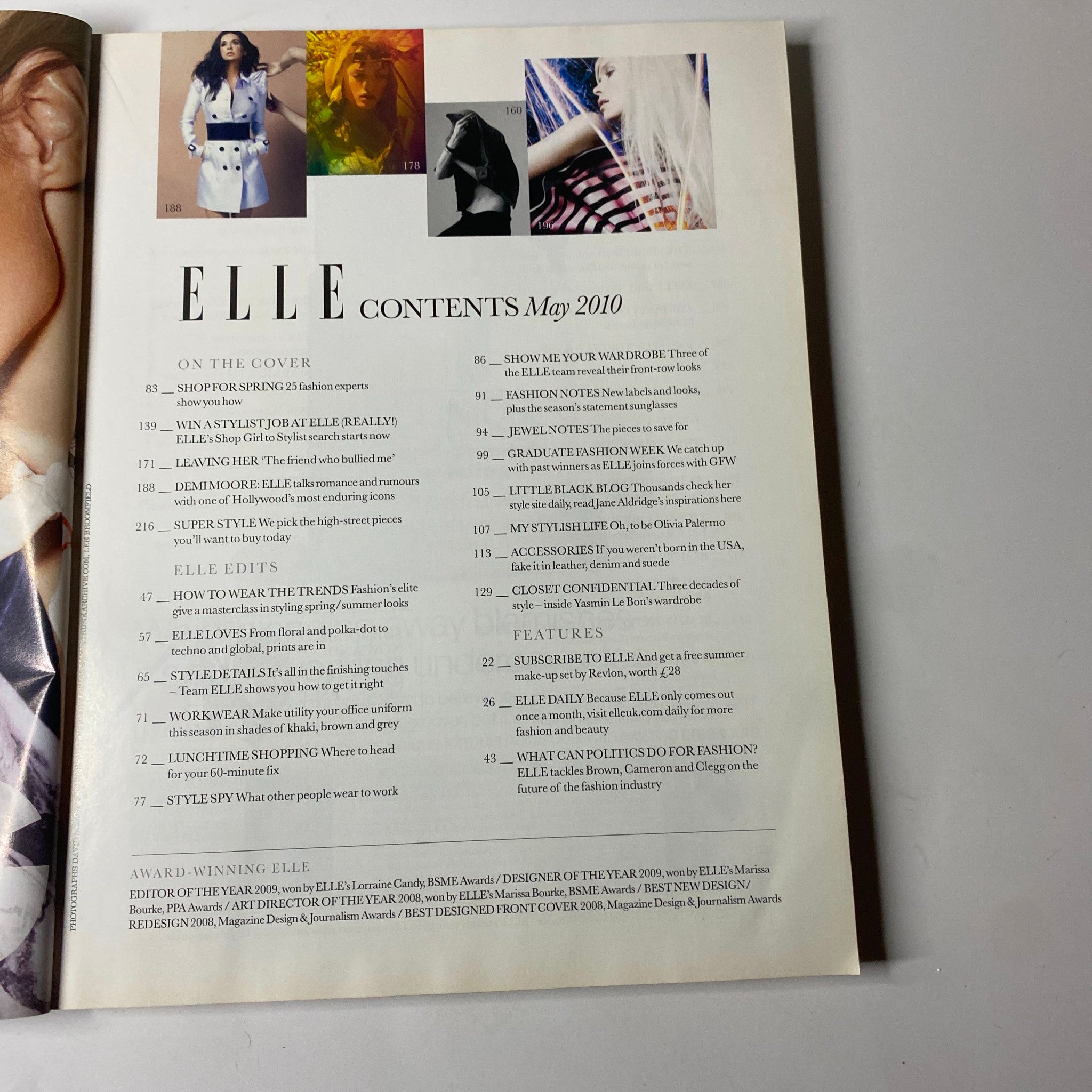 Contents page of Elle UK Magazine May 2010, detailing features including interviews and fashion styling tips, including Demi Moore's interview.