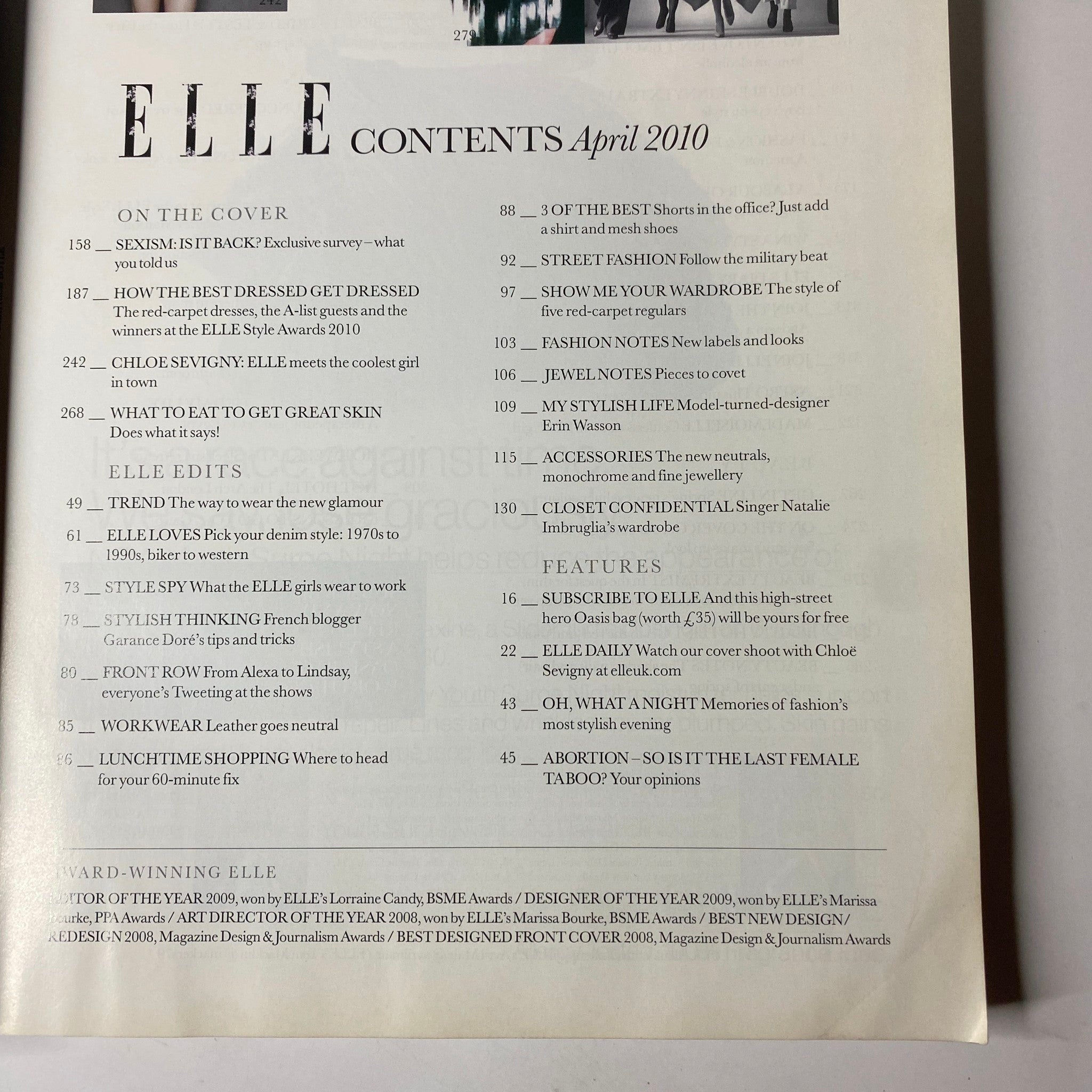 Contents page of Elle UK Magazine April 2010, highlighting key articles including 'Sexism: Is It Back?' and 'Chloë Sevigny: The Coolest Girl in Town.'