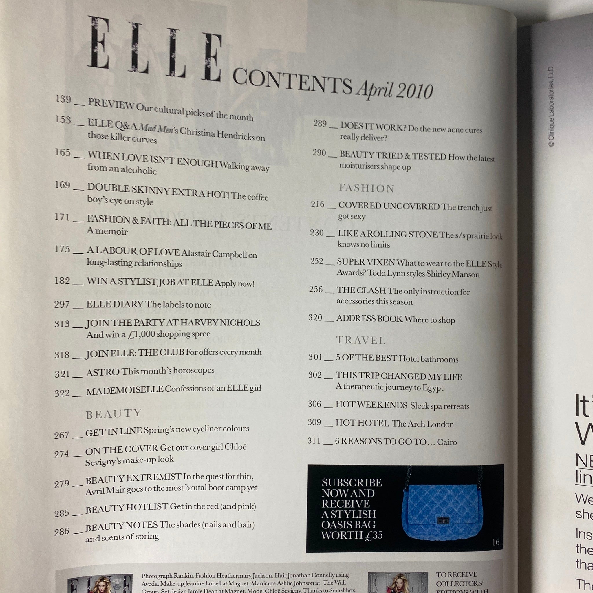 Inside contents page of Elle UK Magazine April 2010, listing articles on fashion trends, travel, and beauty insights. Features Chloë Sevigny.