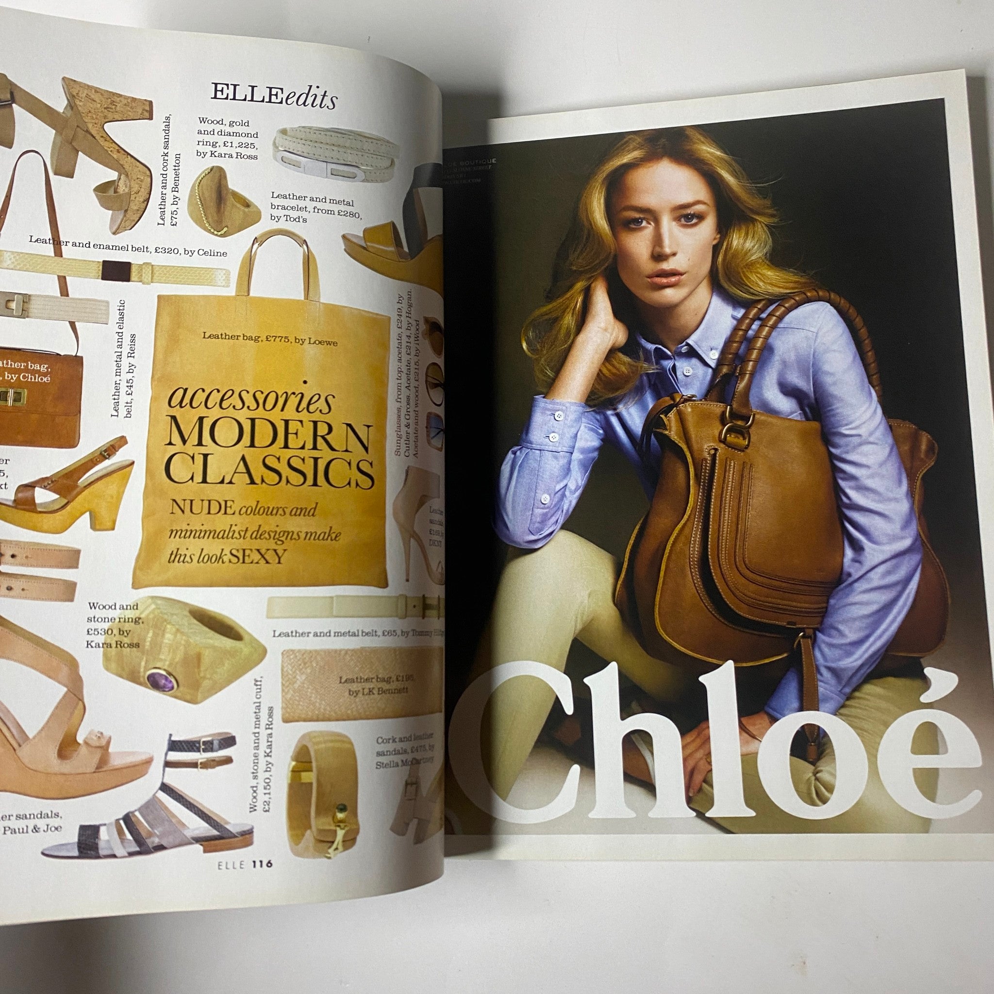 Chloë Sevigny featured in Elle UK Magazine April 2010, showcasing accessories and fashion styles for the season.