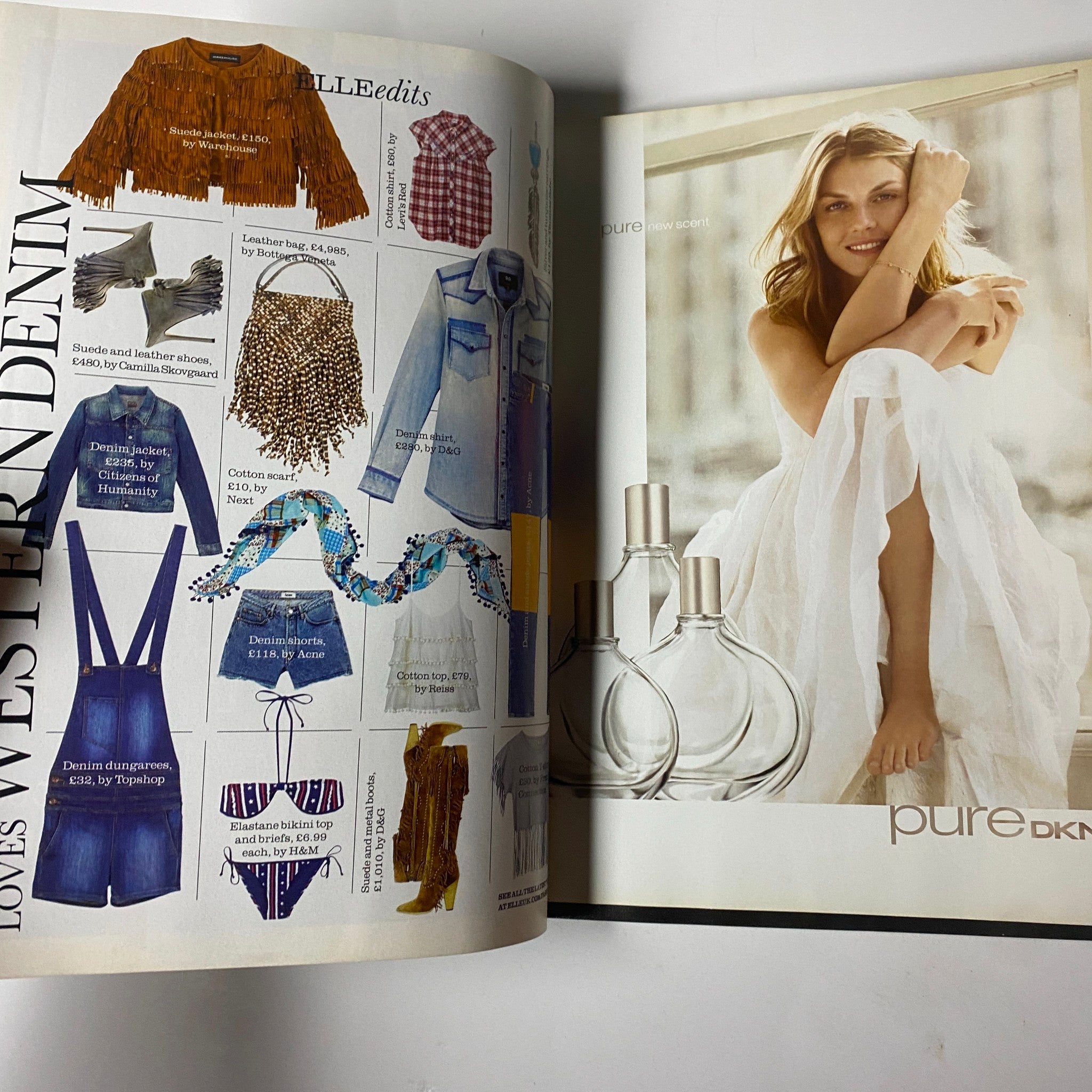 Fashion highlight from Elle UK Magazine April 2010, featuring denim styles and a fragrance ad, accentuating trends with Chloë Sevigny.