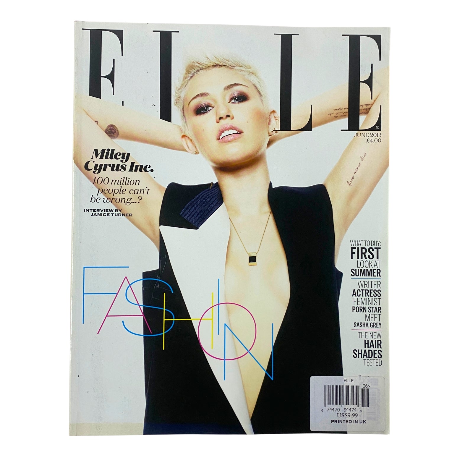 Elle UK Magazine June 2013 featuring Miley Cyrus on the cover, capturing her bold fashion statement in very good condition without a mailing label.