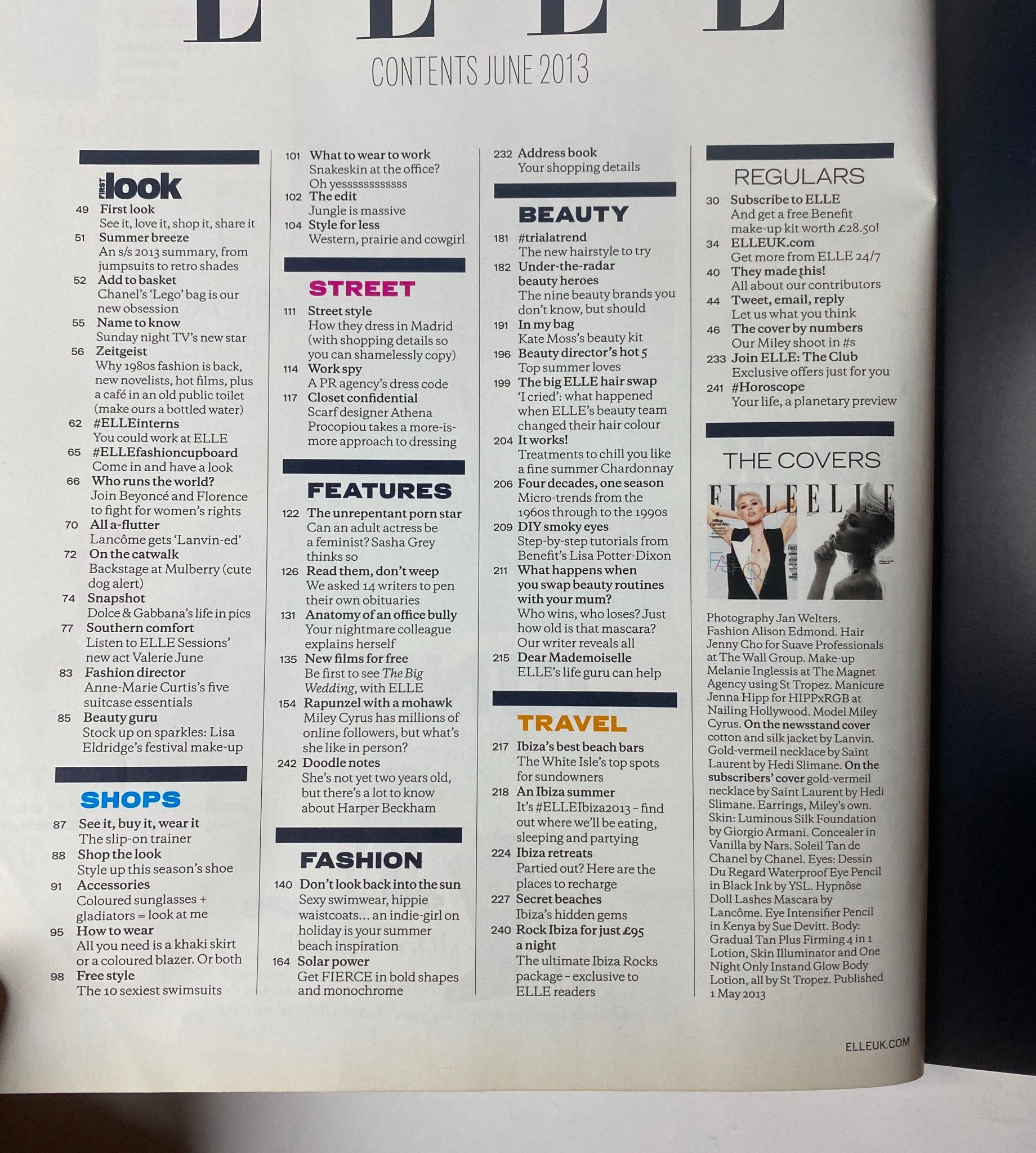 Contents page of the Elle UK Magazine June 2013, detailing various sections including fashion, travel, and beauty with Miley Cyrus on the cover.