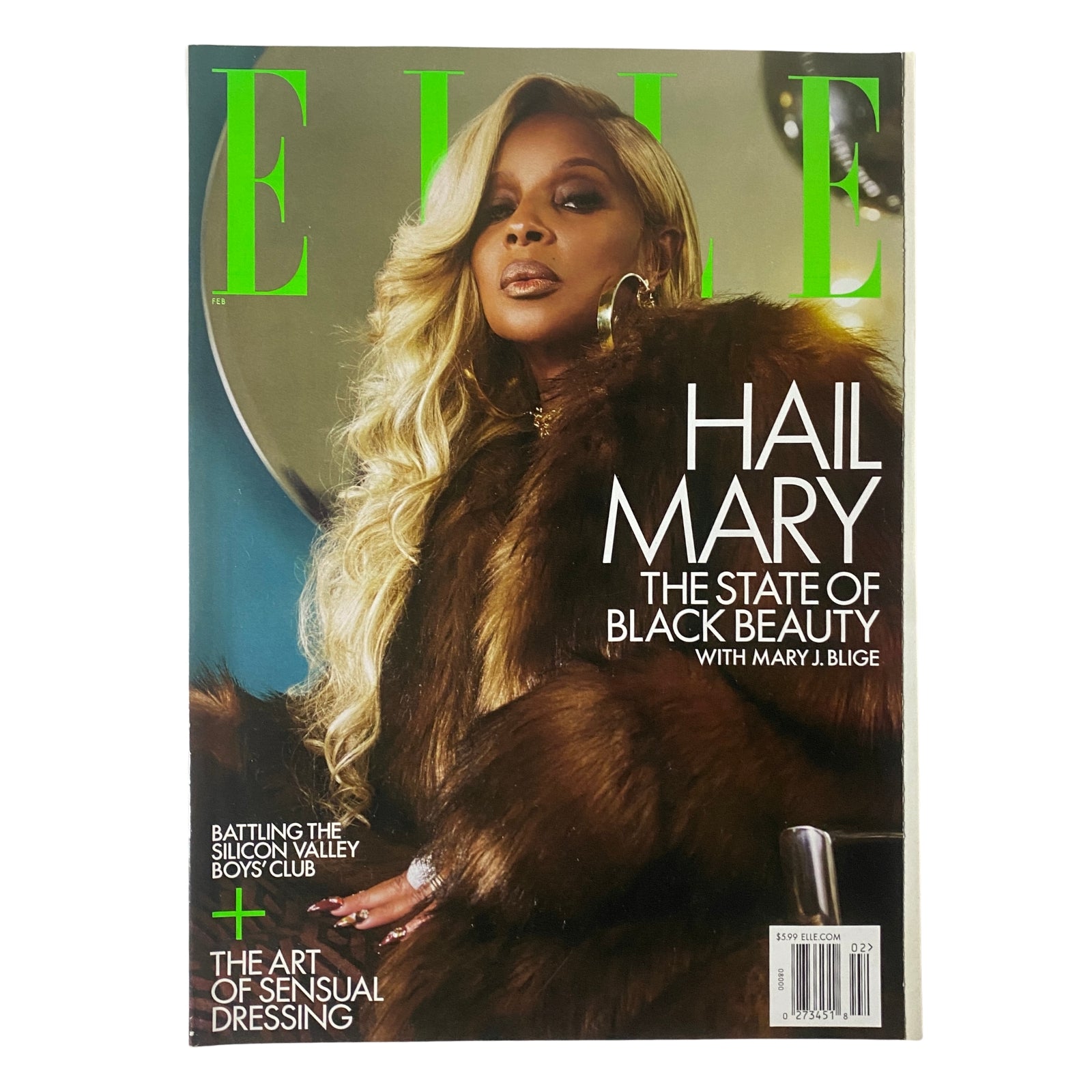 Elle Magazine February 2022 cover featuring Mary J. Blige, showcasing her iconic style and celebrating Black beauty with the title 'HAIL MARY: The State of Black Beauty'.