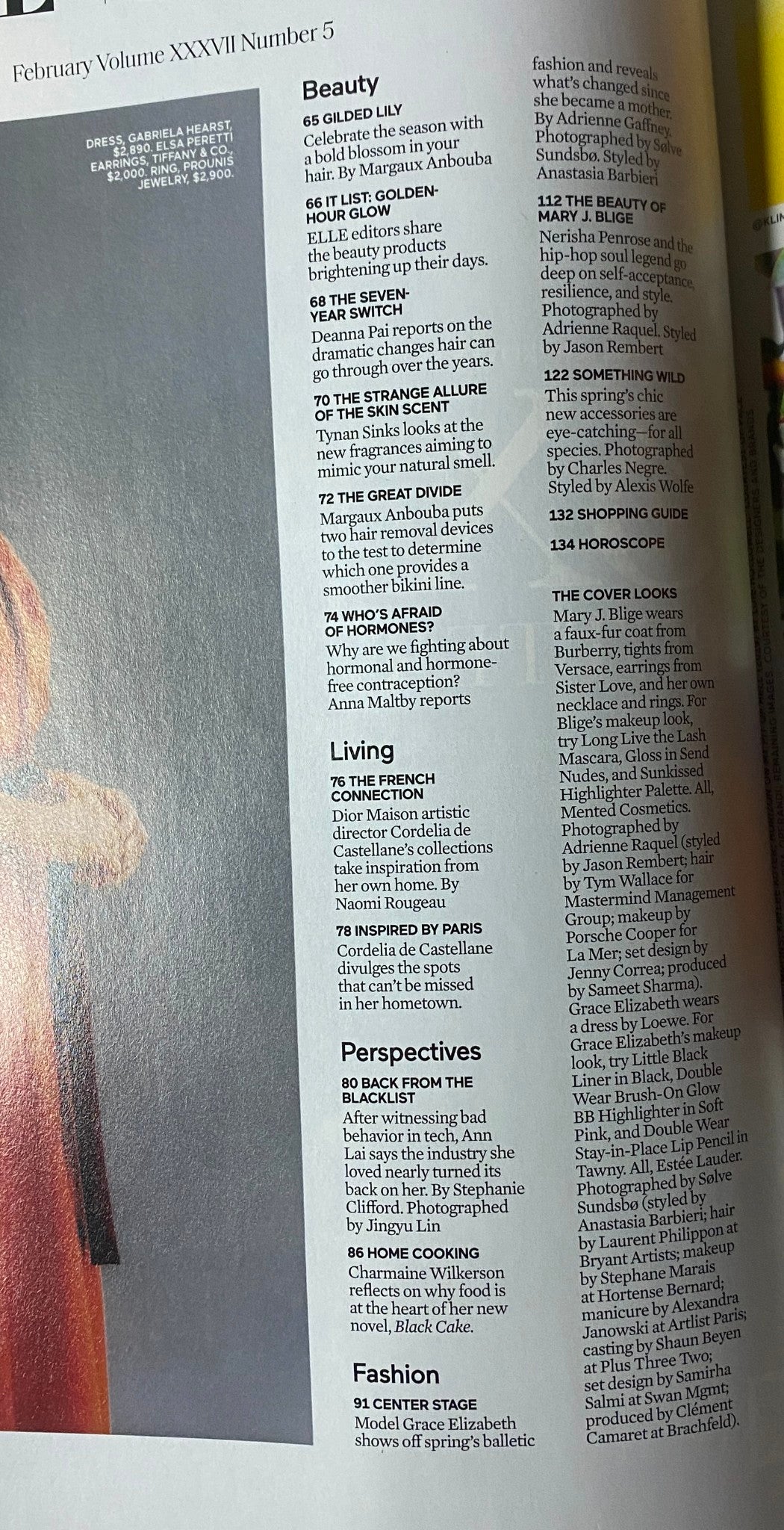 Contents page of Elle Magazine February 2022 showcasing featured articles on beauty, fashion, and lifestyle, including key highlights of the issue.