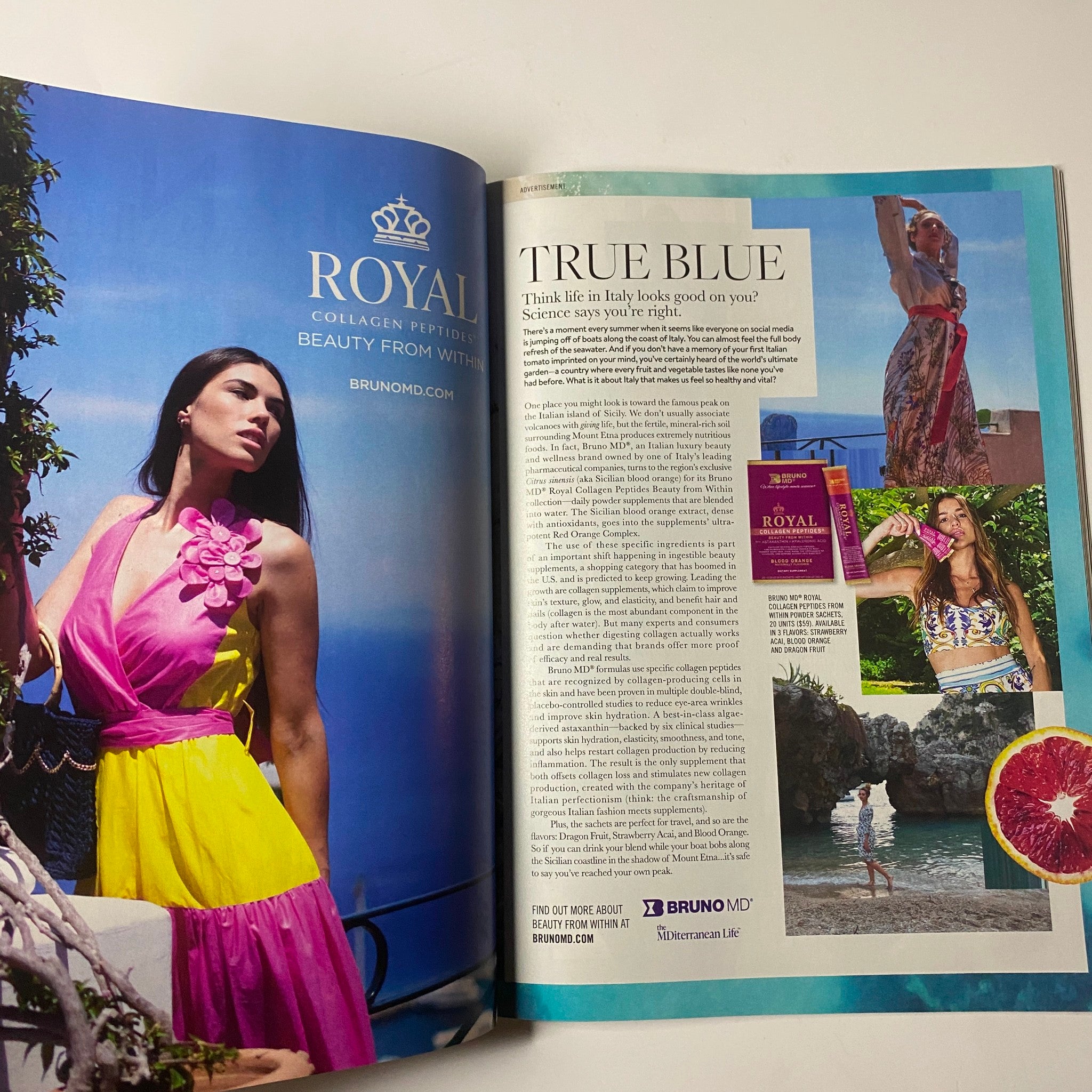 Page from Elle Magazine February 2022 featuring an advertisement for Royal peptides, emphasizing beauty and wellness products.