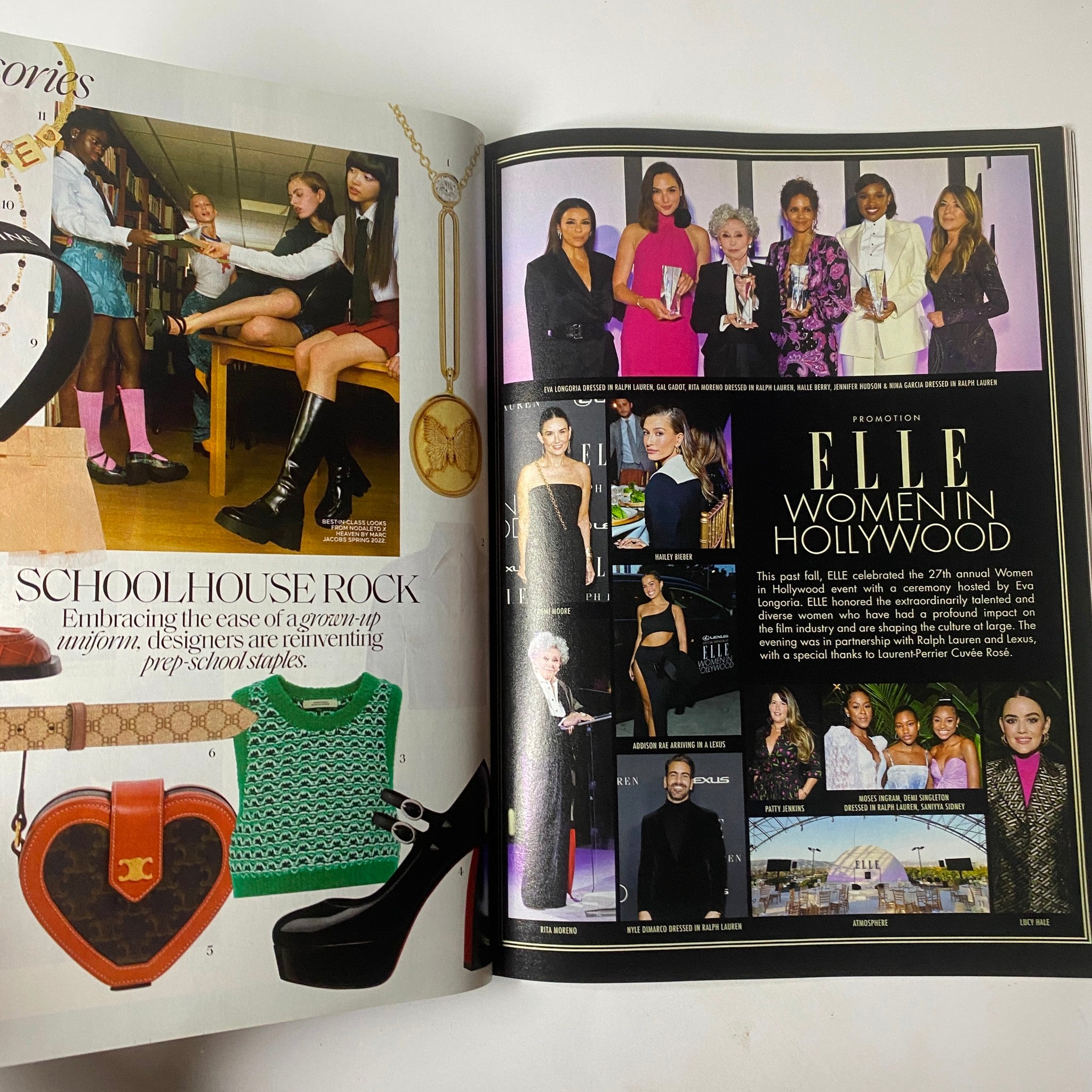 Spread from Elle Magazine February 2022 focusing on the Elle Women in Hollywood event, showcasing prominent female figures in the industry.