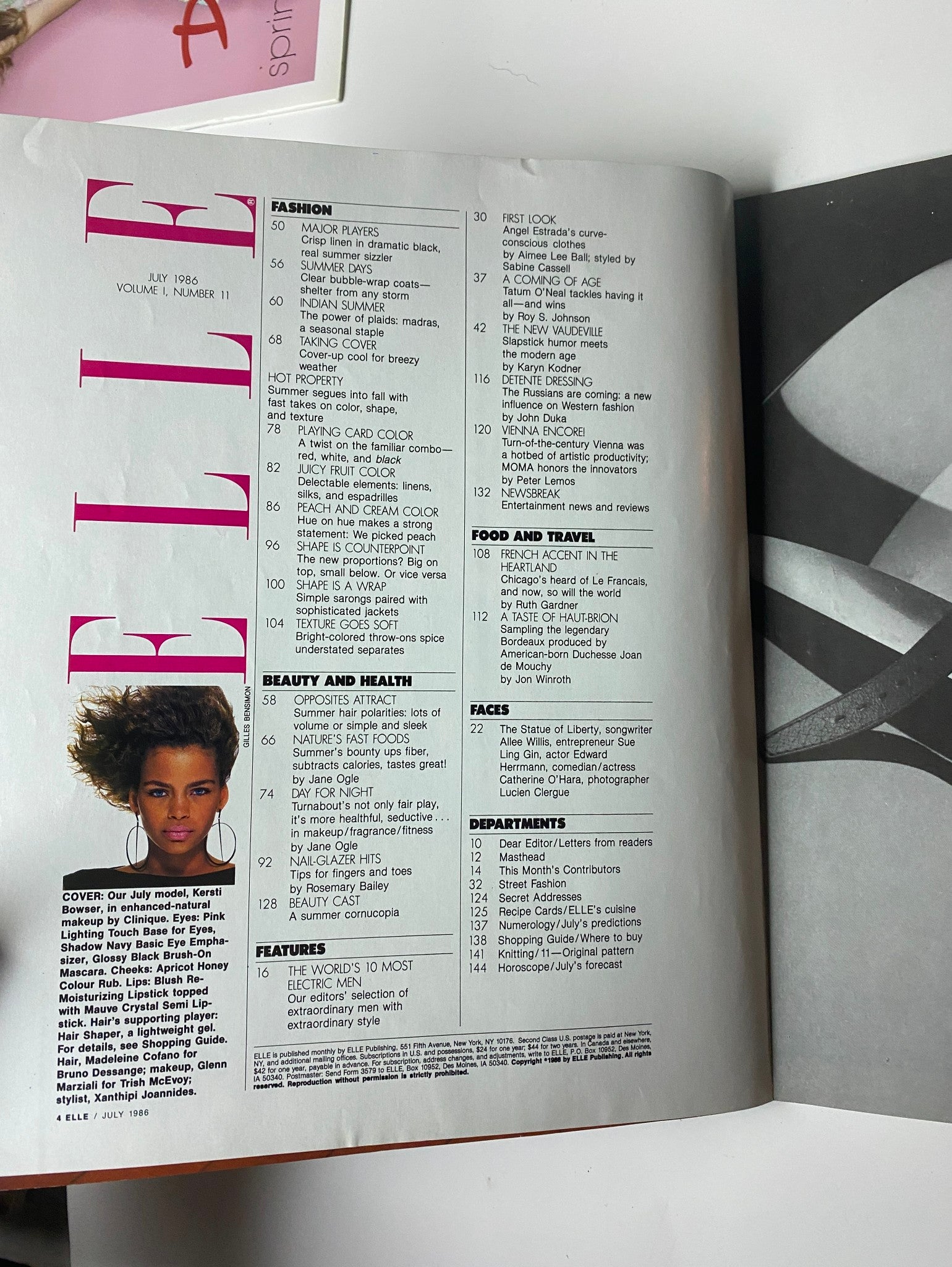 Interior page of Elle Magazine July 1986 No. 11 displaying the contents section with details on fashion, beauty, and travel features.