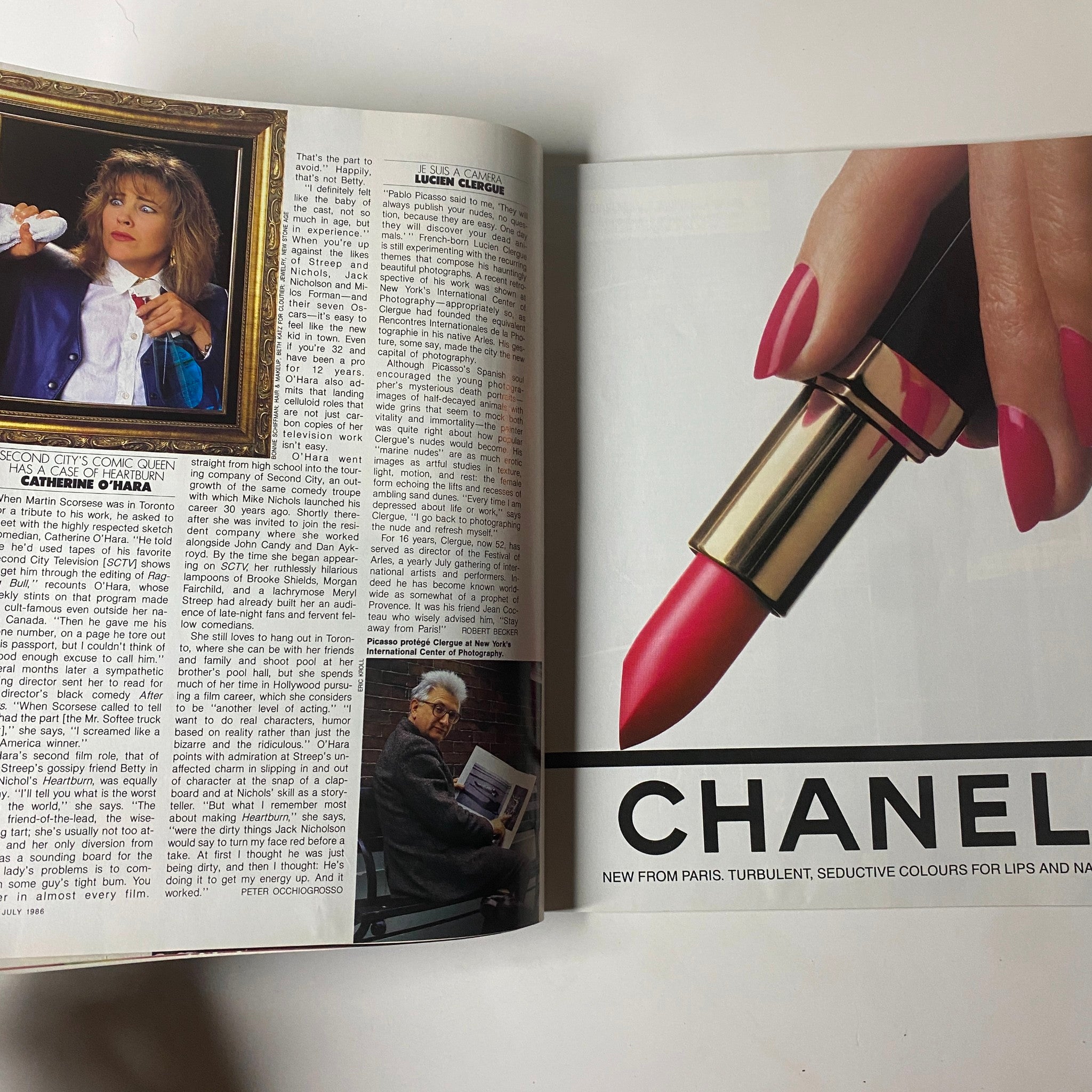 Elle Magazine July 1986 No. 11 Kersti Bowser Cover displays an article featuring Catherine O’Hara alongside a striking image of Chanel lipstick in a vibrant pink color.