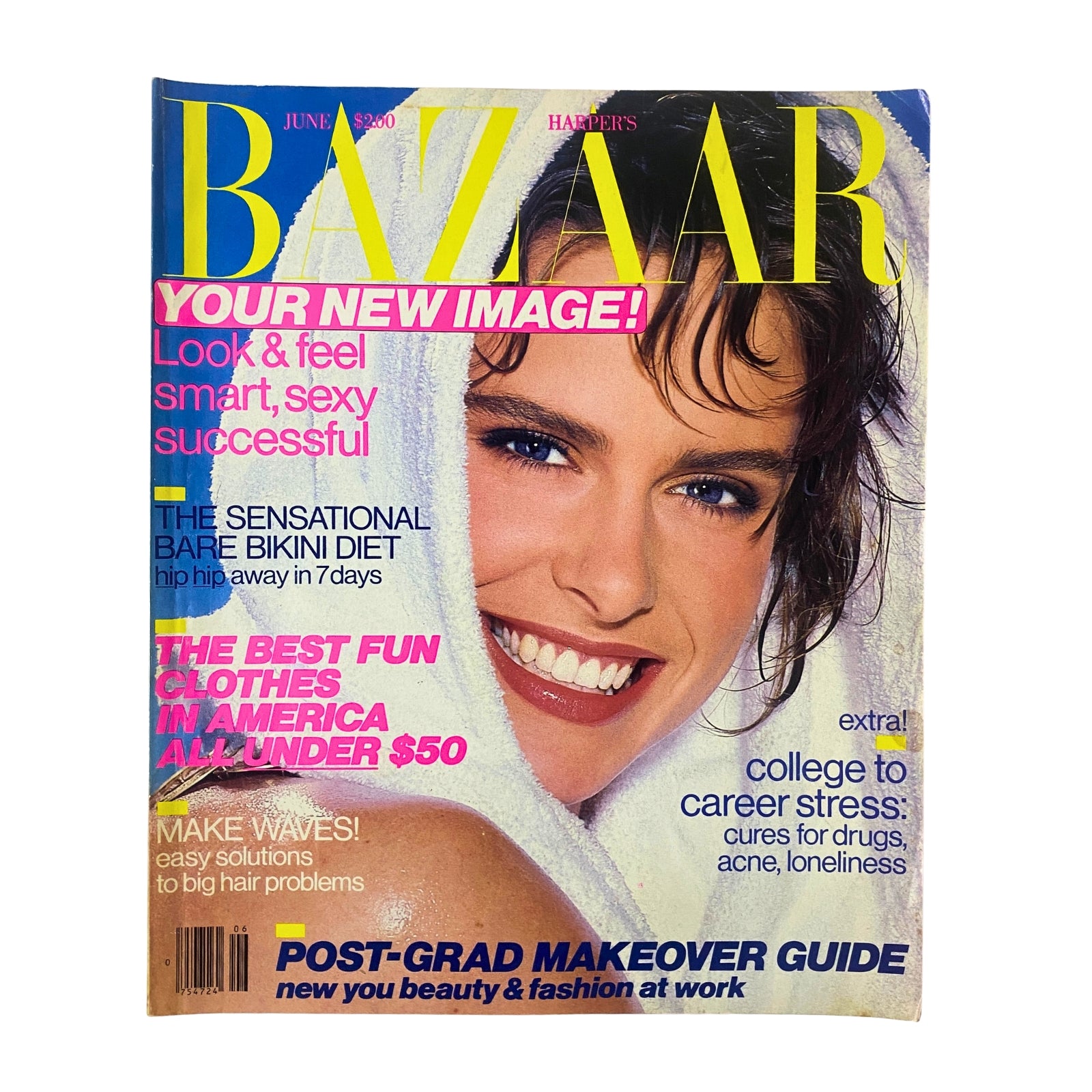 Harper's Bazaar Magazine June 1986 featuring Kirsten Allen on the cover, showcasing a stylish image with vibrant colors and text promoting beauty, fashion, and a makeover guide.