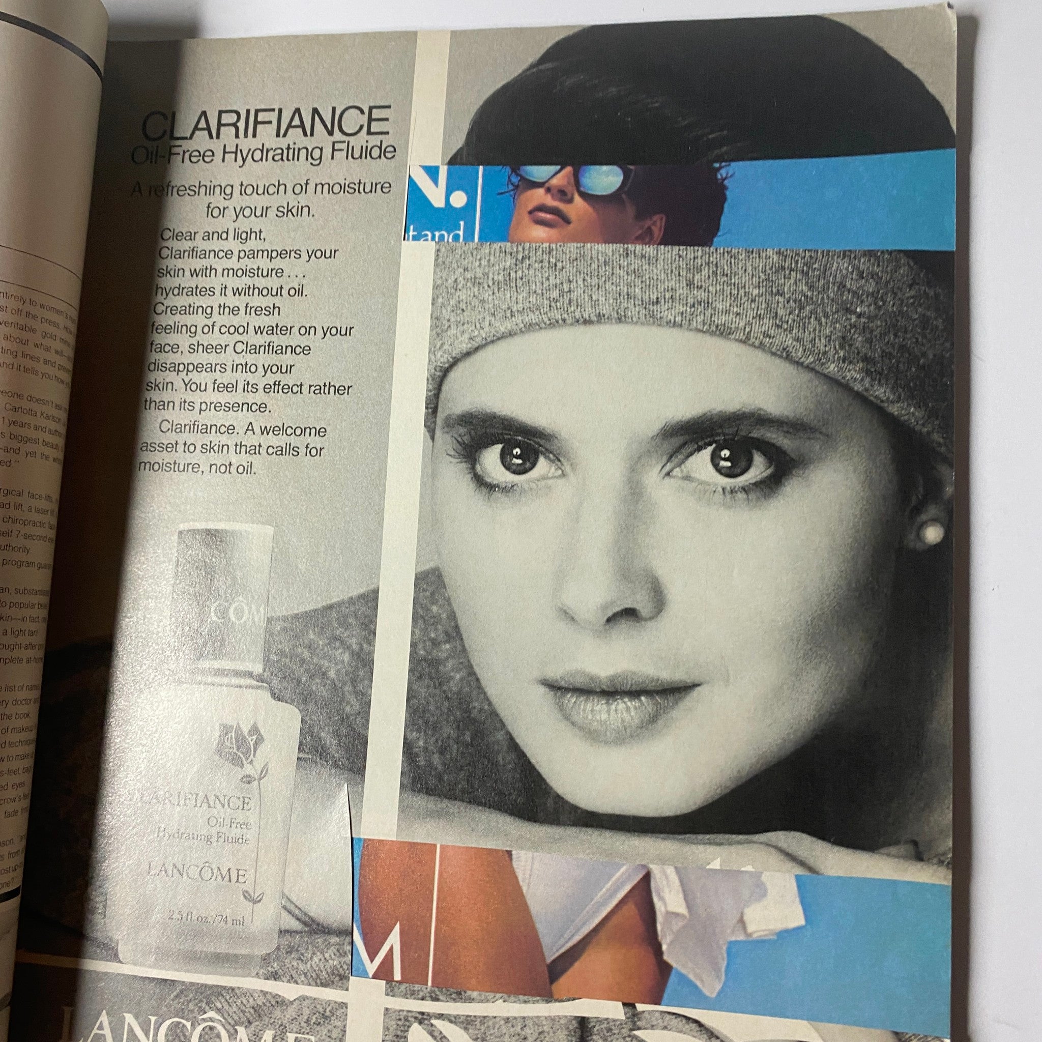 Harper's Bazaar Magazine June 1986 Kirsten Allen Cover featuring a classic black and white advertisement for Clarifiance Oil-Free Hydrating Fluid showcasing a model with striking makeup.