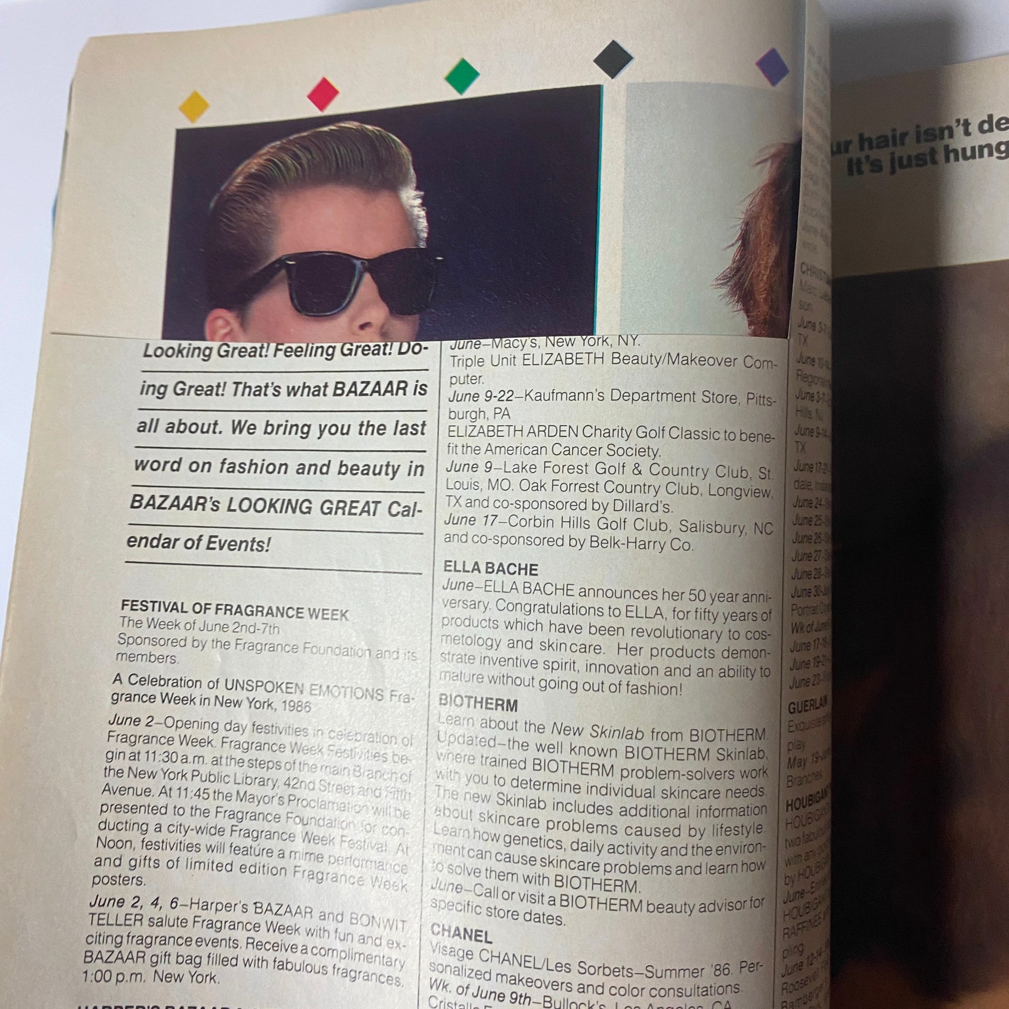 Harper's Bazaar Magazine June 1986 Kirsten Allen Cover includes pages highlighting events and beauty tips, such as the Festival of Fragrance Week and an update on beauty products.