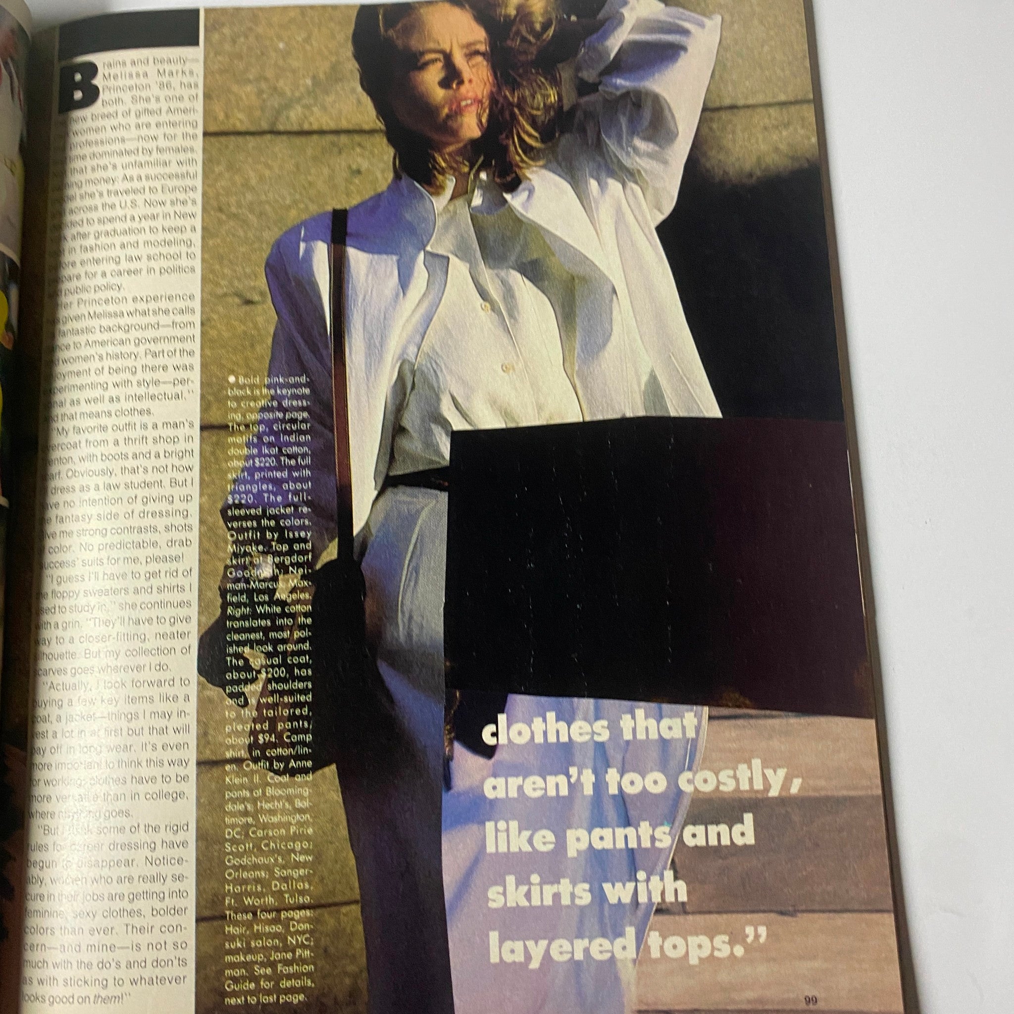 Harper's Bazaar Magazine June 1986 Kirsten Allen Cover features a full-color editorial image of a model wearing layered clothing against a concrete backdrop, emphasizing 80s fashion trends.