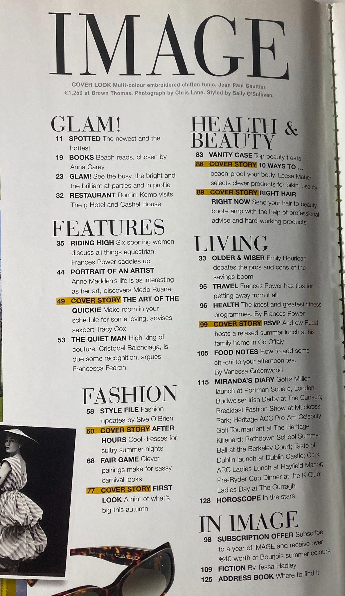 Inside Image UK Magazine August 2006, showcasing the table of contents with features on fashion, beauty, and lifestyle topics.