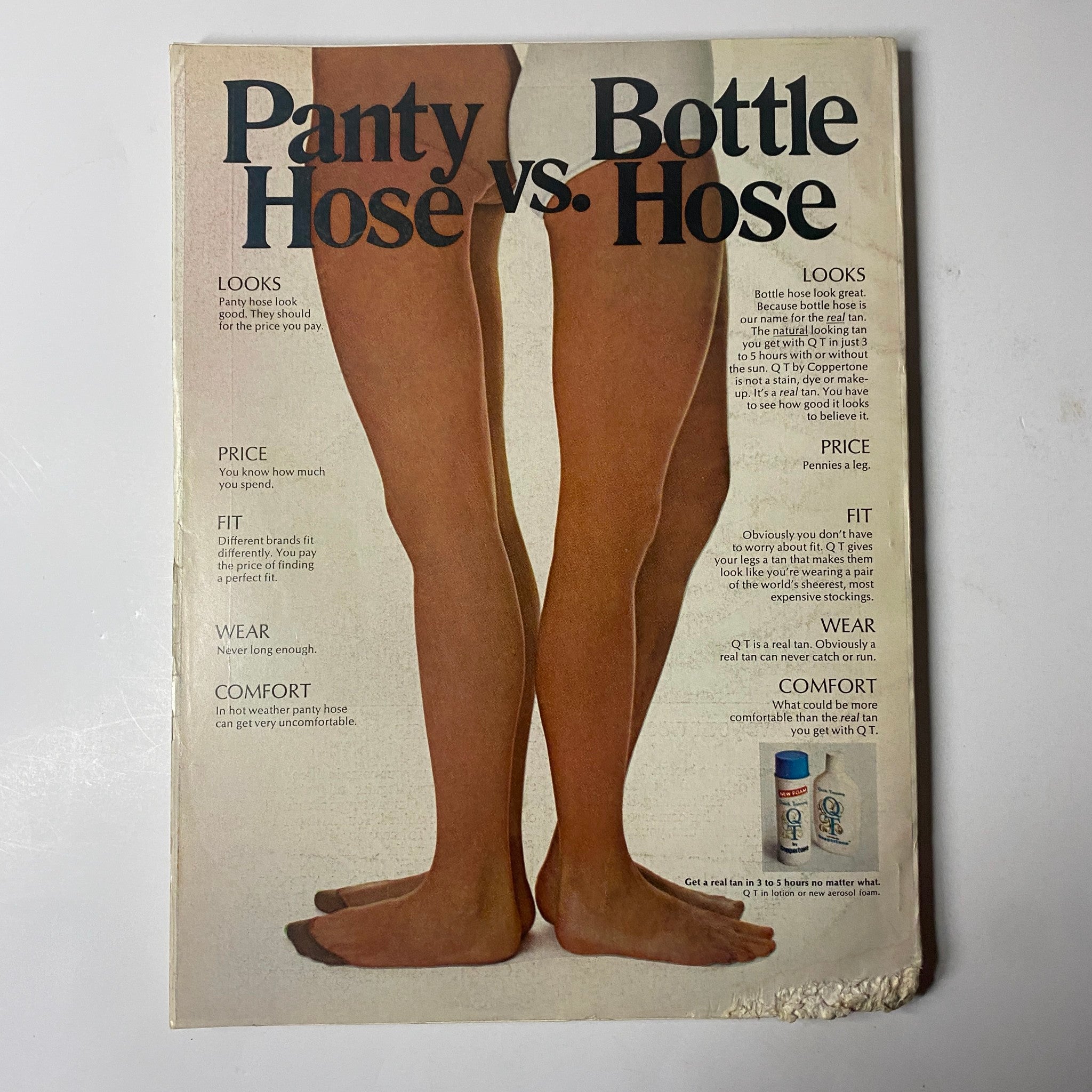 Advertisement from Cosmopolitan Magazine June 1972 comparing pantyhose and bottle hose, illustrating product details with a focus on women's fashion.