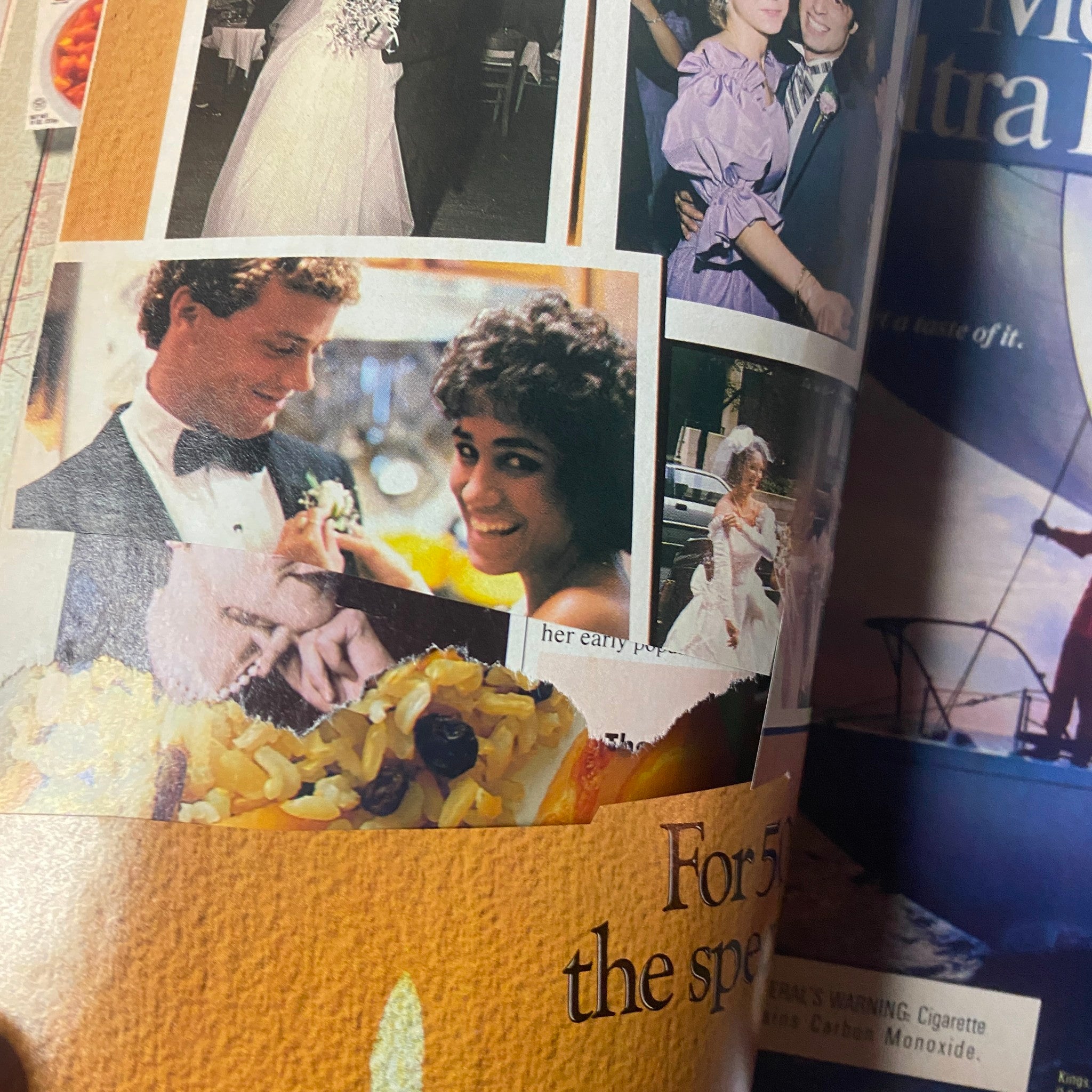 Interior page featuring cut-outs from the July 1986 Cosmopolitan Magazine, highlighting social events and celebrities of the era.