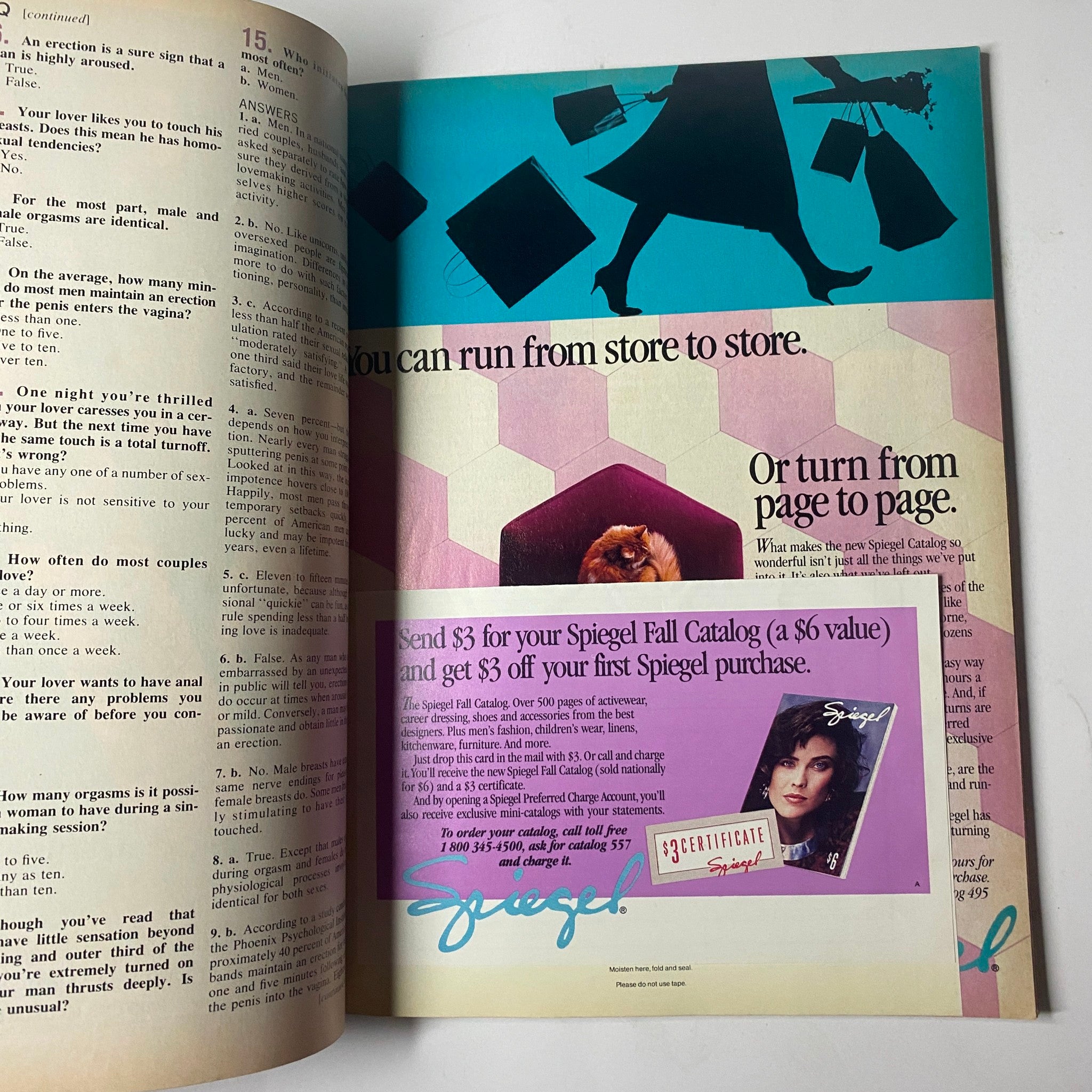 Spiegel advertisement highlighting a shopping catalog offer, displayed in the July 1986 Cosmopolitan Magazine with Paulina Porizkova cover.