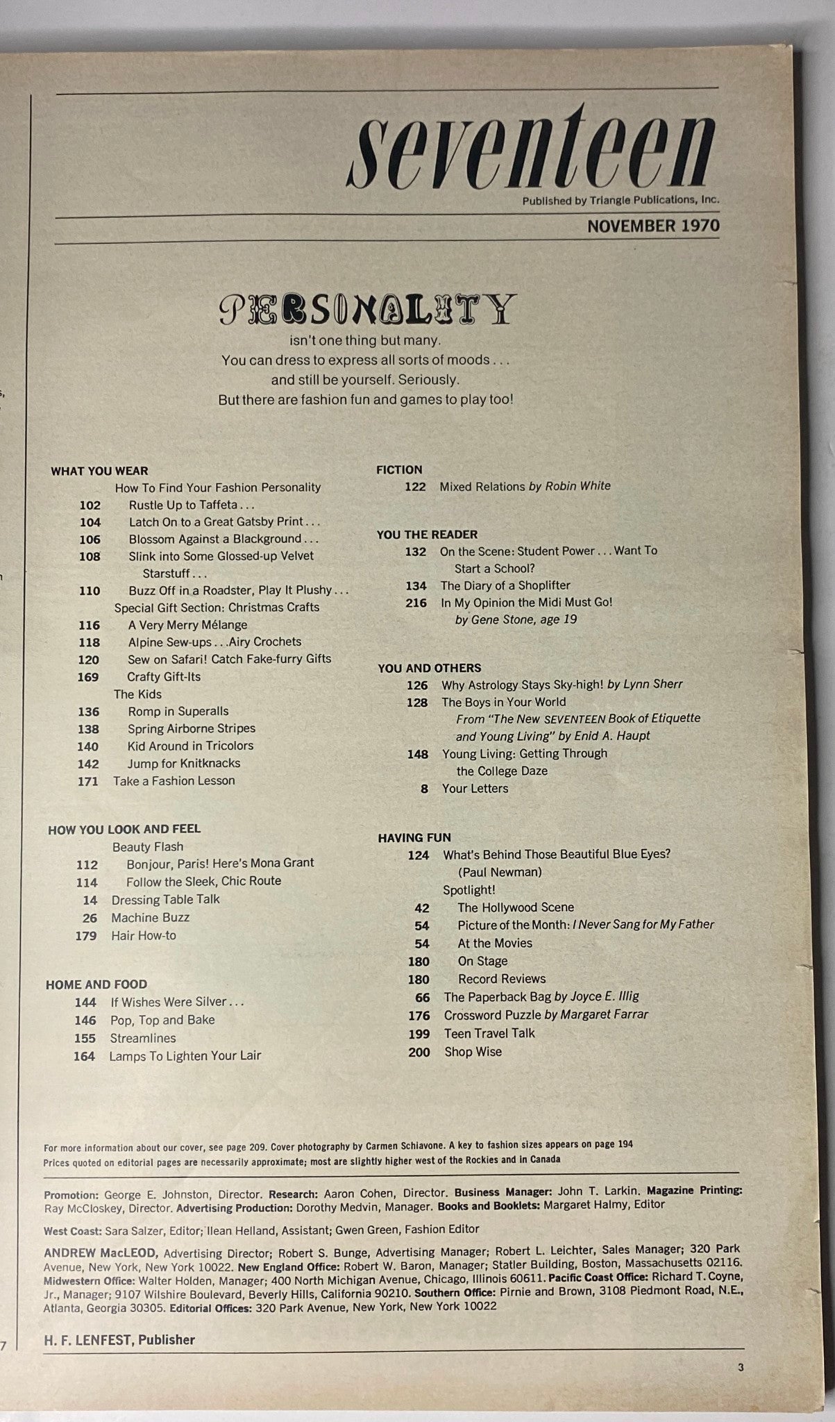 Back cover of Seventeen Magazine November 1970 displaying the table of contents with sections dedicated to personality, fashion, and beauty, featuring articles like 'Mixed Relations' and 'What’s Behind Those Beautiful Blue Eyes'.