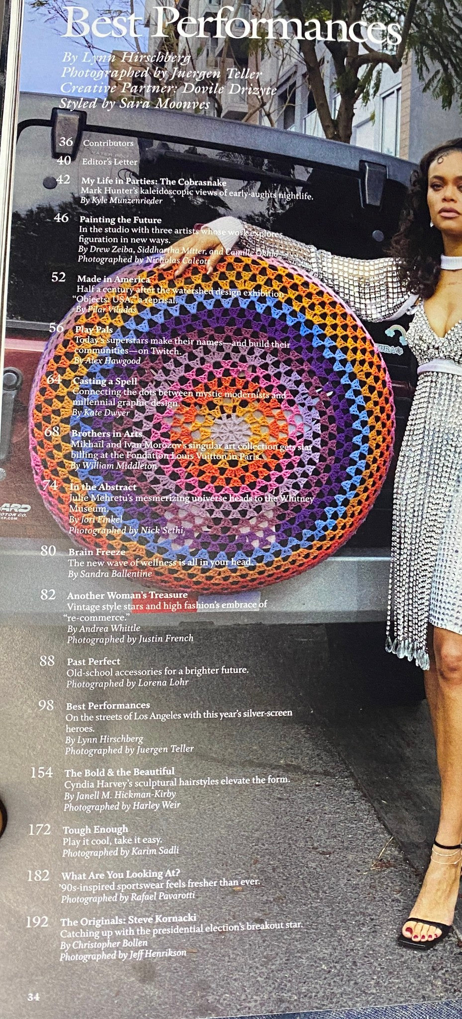 An inside page of W Magazine 2021 Volume 1 showcasing the 'Best Performances' section with colorful crochet artwork.