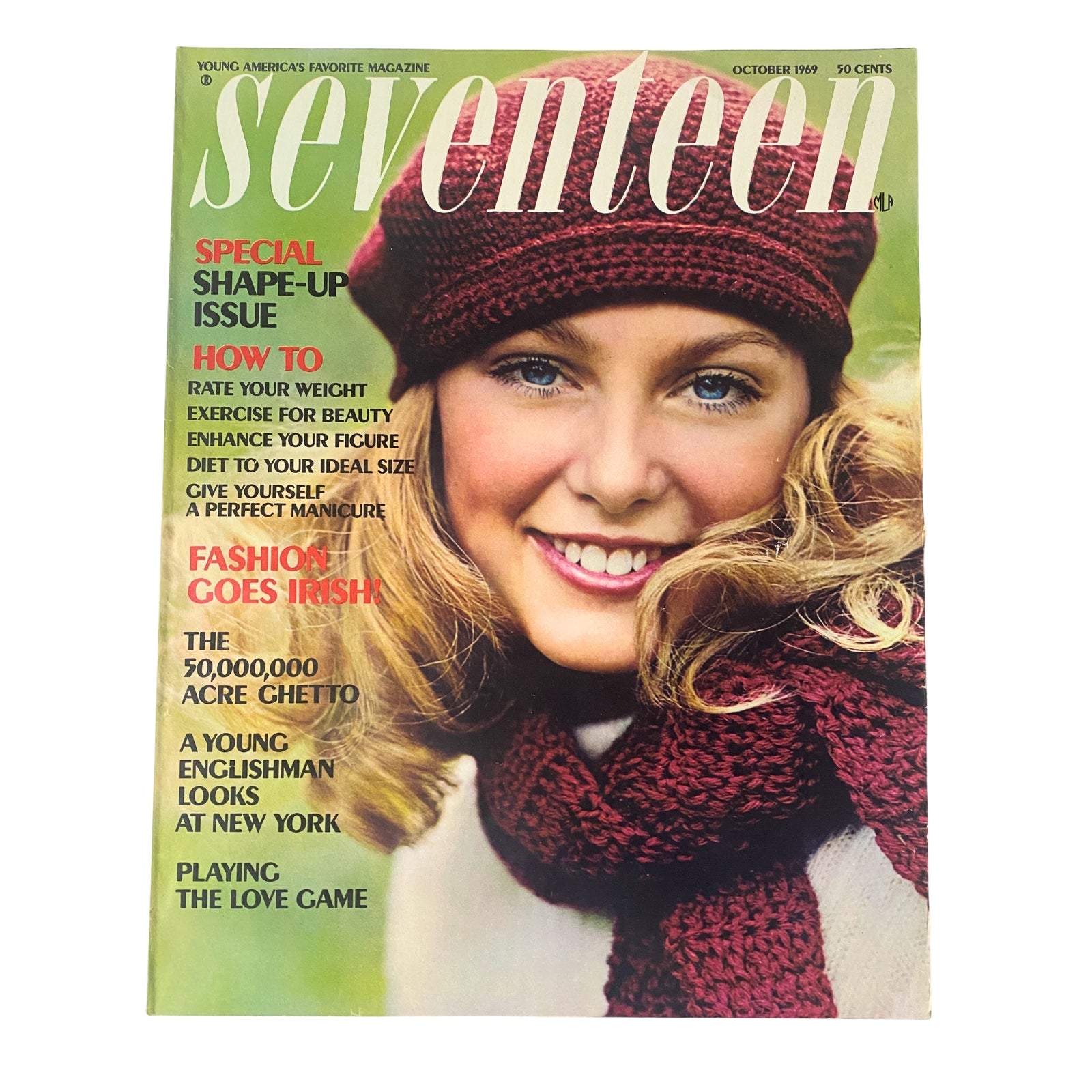 Cover of Seventeen Magazine October 1969 Special Shape Up Issue featuring a smiling young woman wearing a red hat and scarf. Highlights include fashion features and beauty tips.