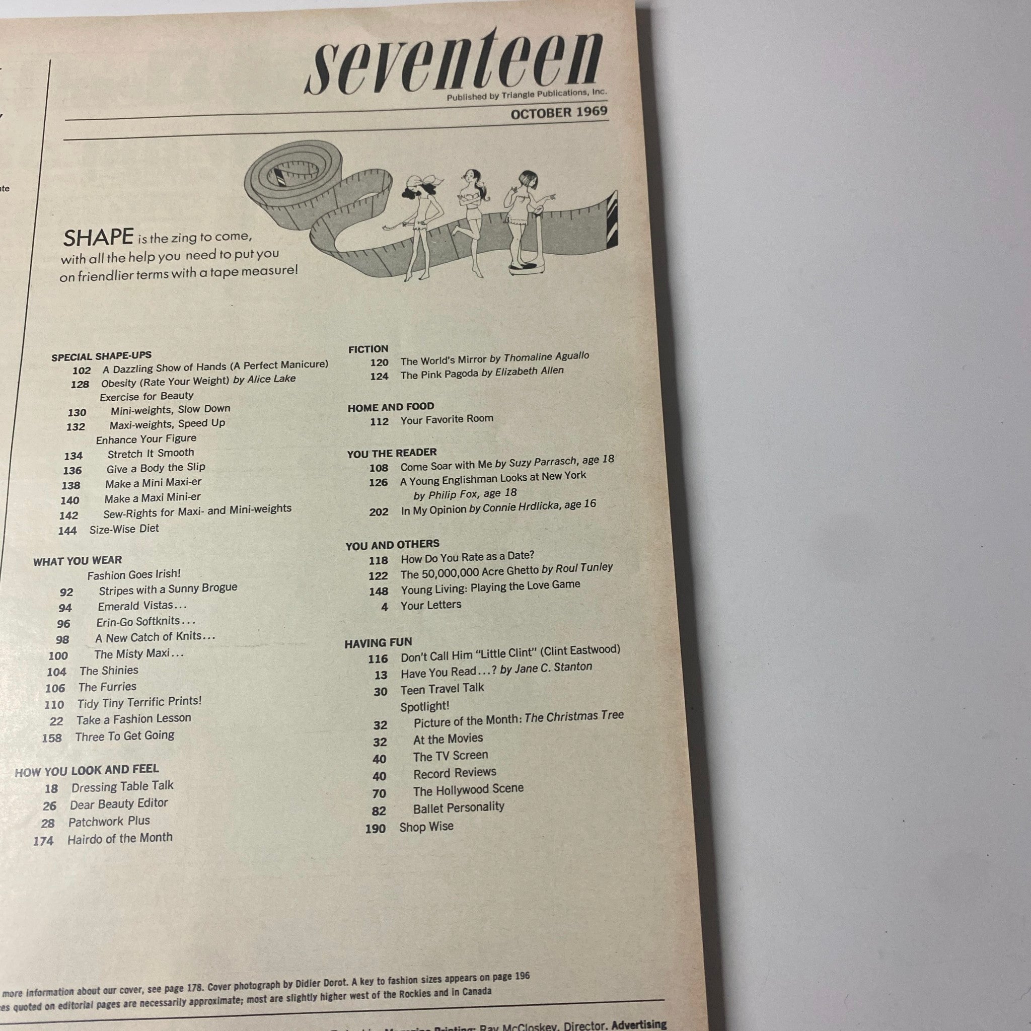 Table of contents from Seventeen Magazine October 1969 Special Shape Up Issue, outlining various articles including beauty and fashion advice, and cultural commentary.