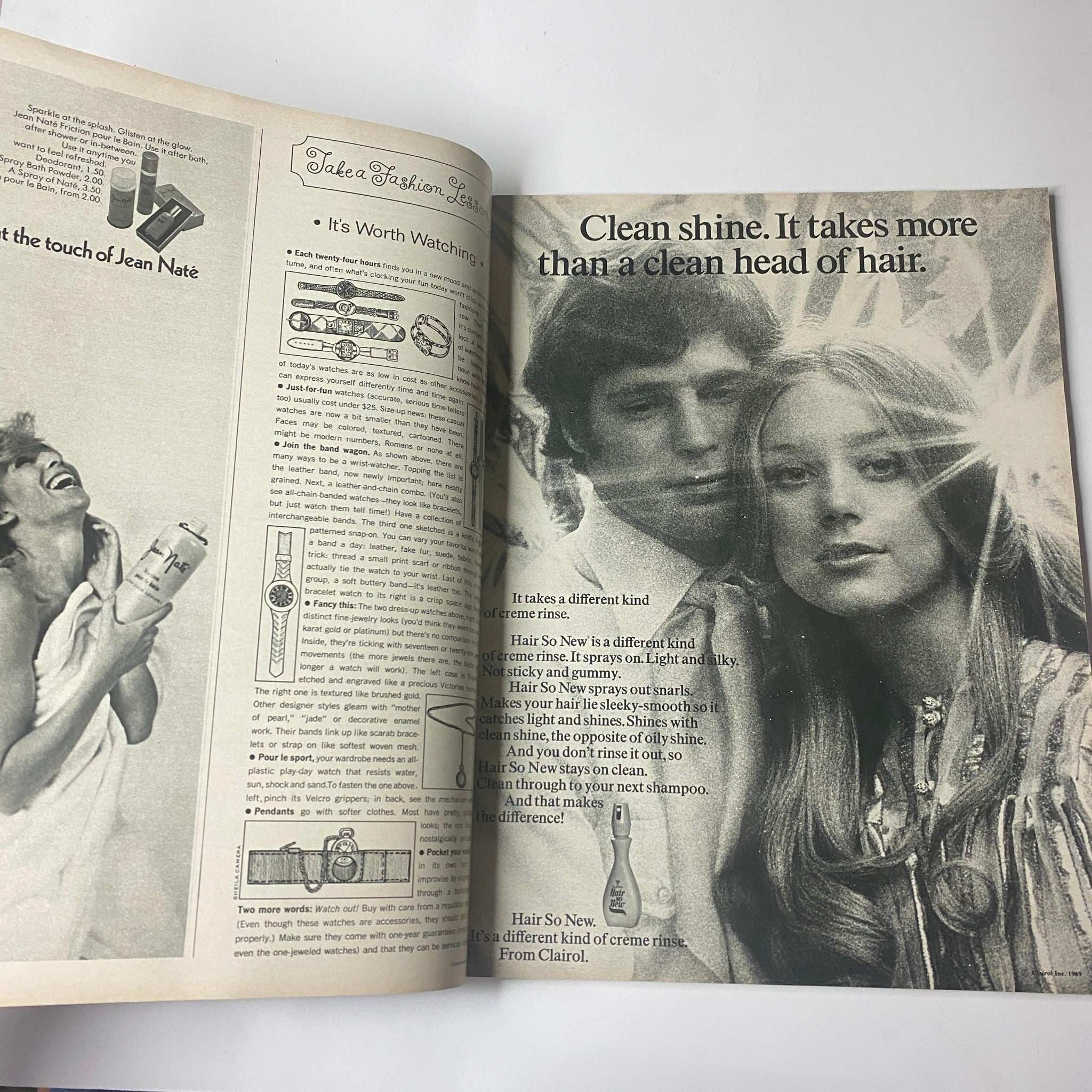 Seventeen Magazine October 1969 Special Shape Up Issue - An advertisement featuring a couple with clean, shiny hair, promoting hair care products from Clairol. The ad emphasizes the importance of using the right shampoo for beautiful hair.