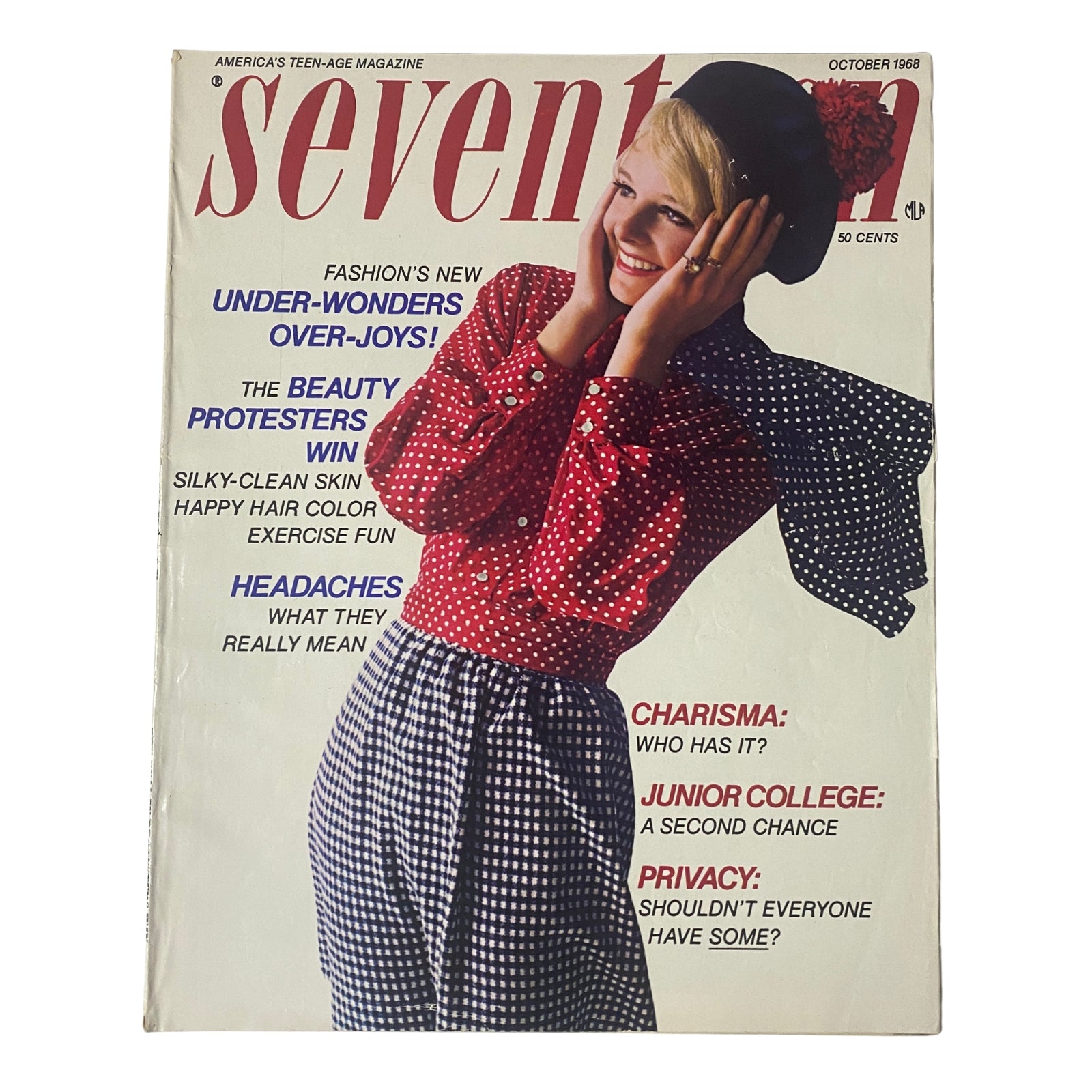 Seventeen Magazine October 1968 cover featuring the title, 'Junior College: A Second Chance.' The cover displays a fashionable model wearing a polka dot outfit, emphasizing the magazine's focus on fashion trends and culture.