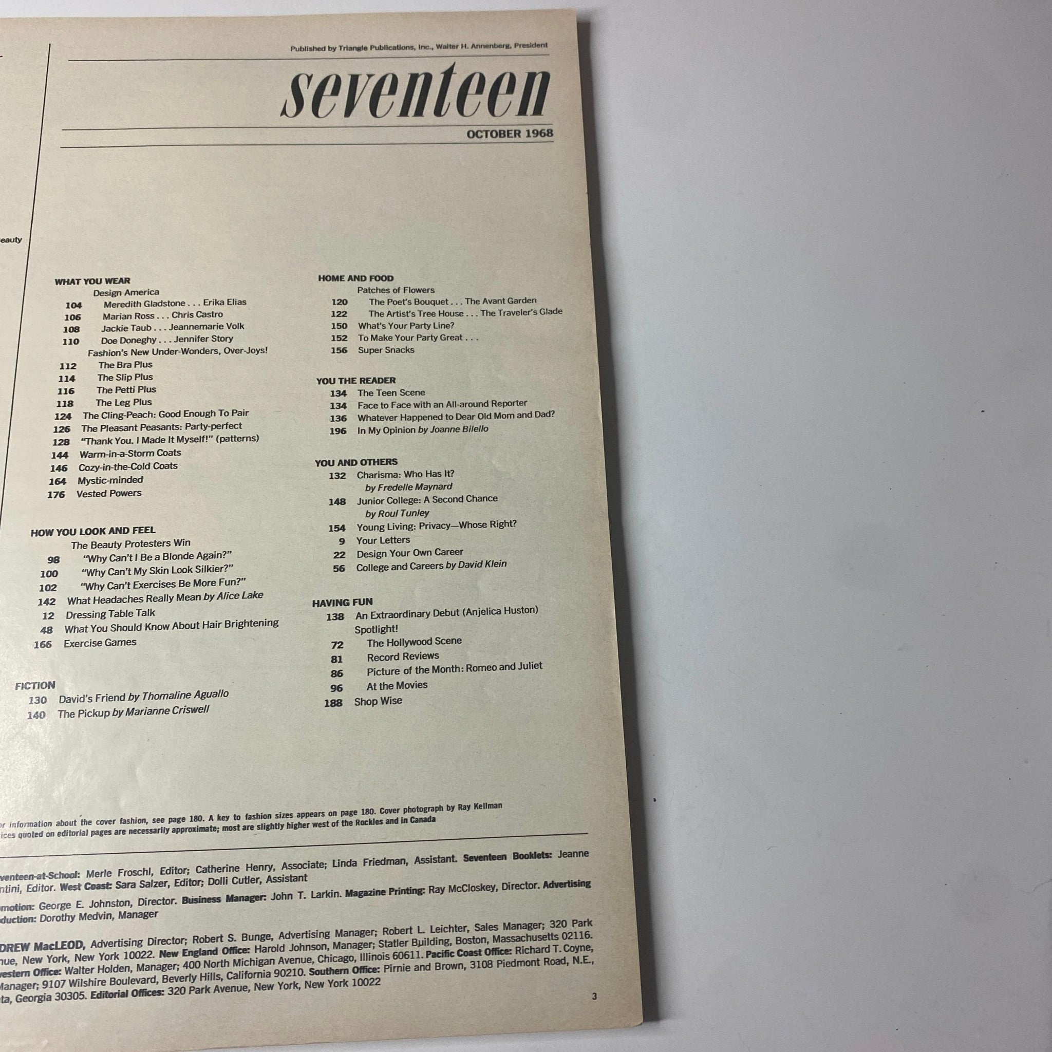Back cover of Seventeen Magazine October 1968, featuring publication details and contents list. This vintage magazine includes topics on beauty, education, and youth culture relevant to the era.