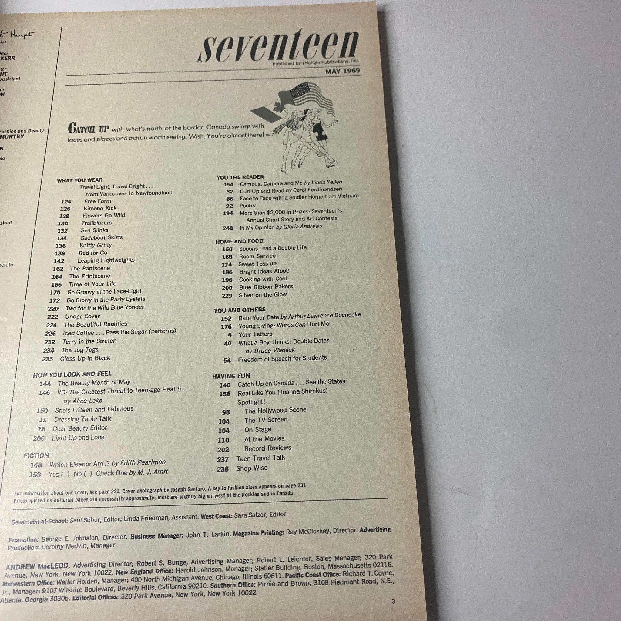 Table of contents from Seventeen Magazine May 1969, featuring articles and features centered around the theme 'She's Fifteen and Fabulous.'