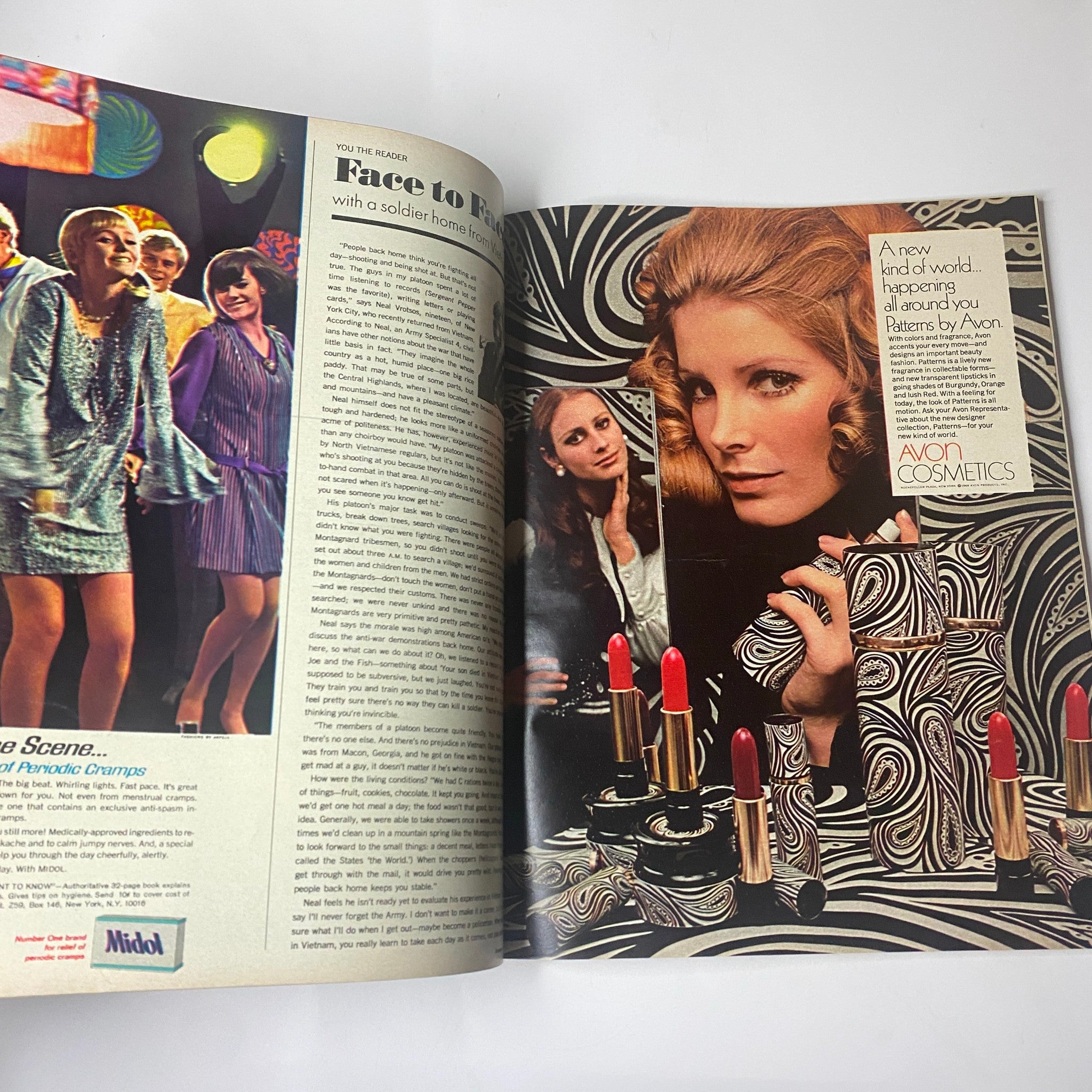 A fashion spread in Seventeen Magazine May 1969 showcasing 1960s beauty with models in stylish clothing, highlighting Avon cosmetics and the vibrant trends of the era.