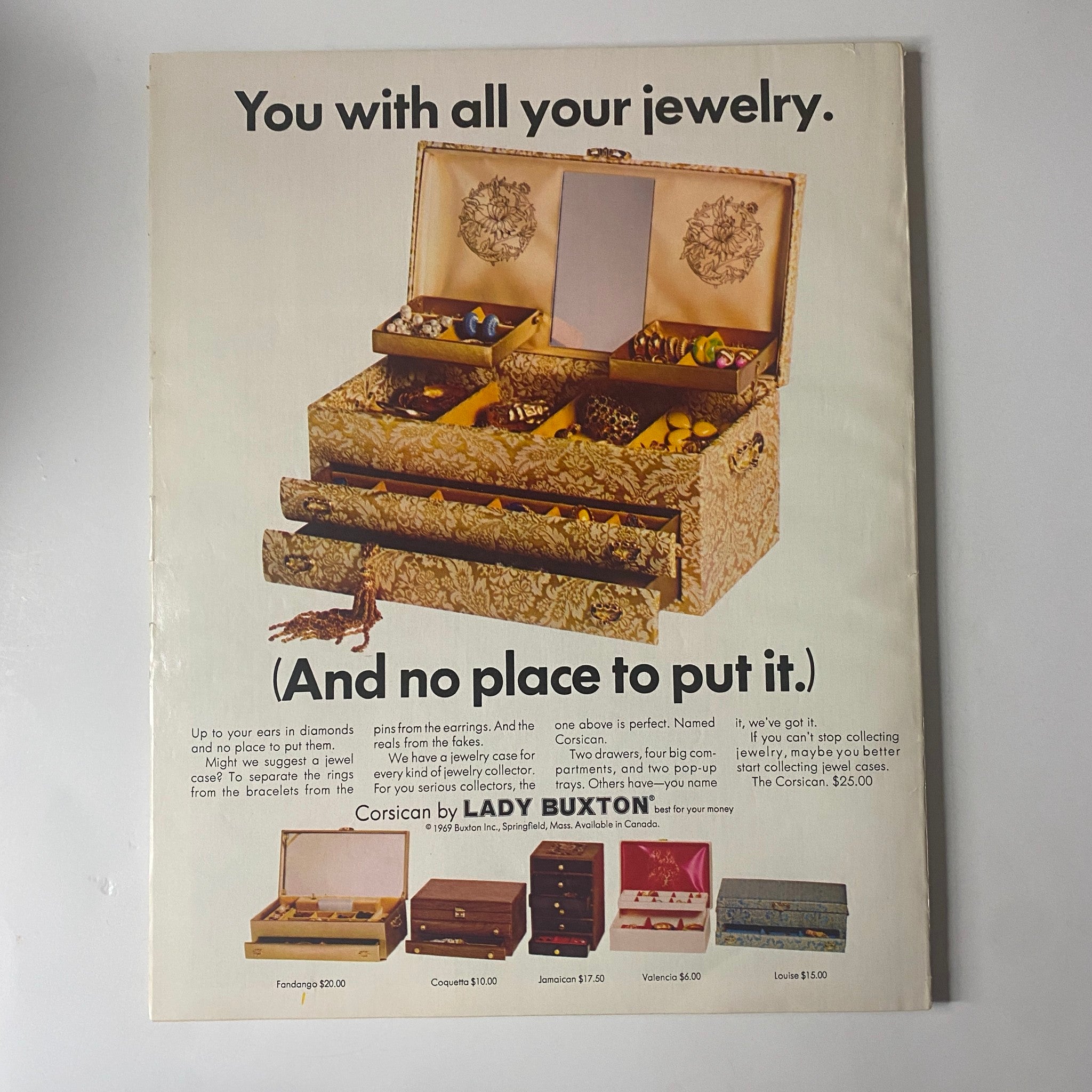 An advertisement from Seventeen Magazine May 1969 for Lady Buxton jewelry boxes, emphasizing storage solutions for jewelry with an elegant design.
