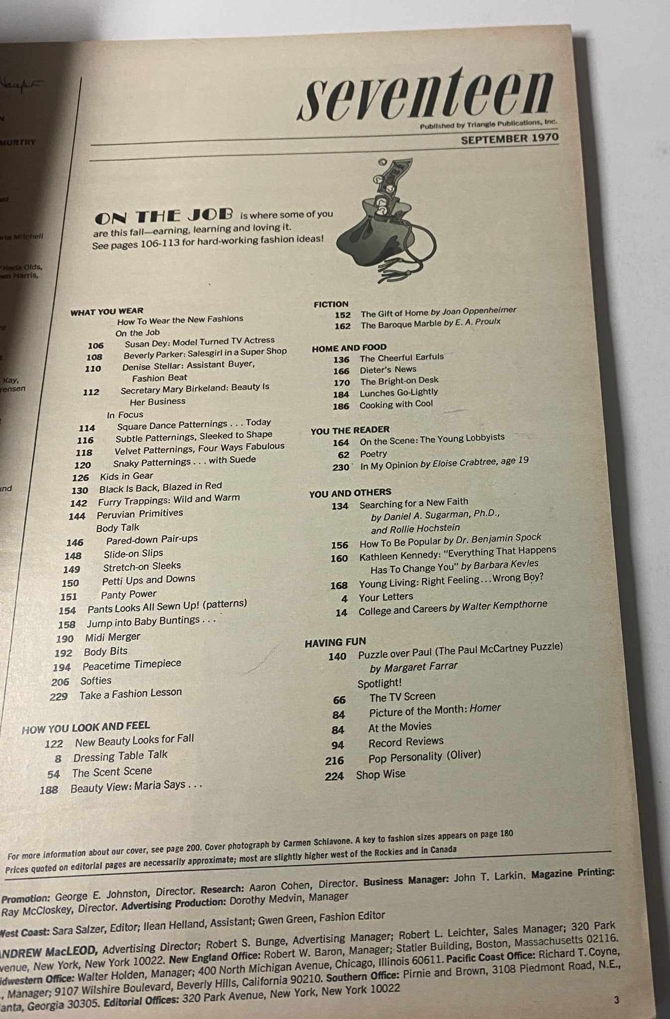 Page from Seventeen Magazine September 1970 displaying the table of contents, highlighting features such as ‘On the Job’ and ‘The Paul McCartney Puzzle’.
