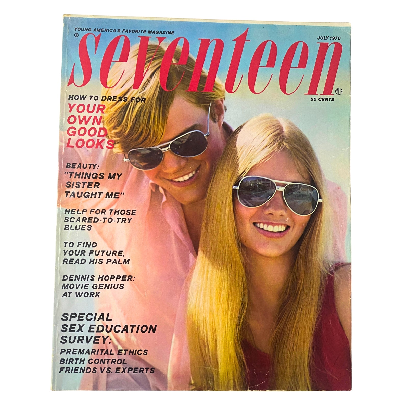 Cover of Seventeen Magazine, July 1970, featuring the title 'Seventeen Magazine July 1970 Dennis Hopper Makes The Last Movie'. The image showcases two models wearing sunglasses, embodying the fashion of the era, along with cover headlines on beauty, special surveys, and personal growth.
