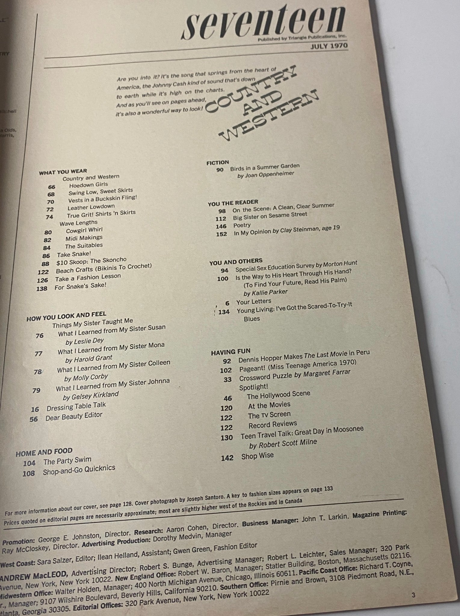 Seventeen Magazine July 1970 table of contents featuring highlights on Country and Western fashion, youth culture, film, and personal growth topics.