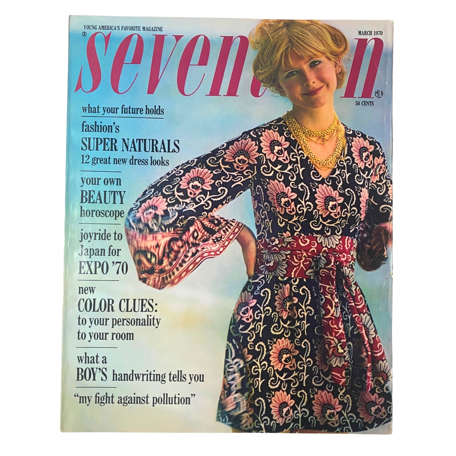 Seventeen Magazine March 1970 cover featuring a model in a stylish floral dress, showcasing fashion themes such as 'fashion's SUPER NATURALS' and 'your own BEAUTY horoscope'. This issue highlights Richard Harris as the feature article and is noted for its vintage appeal.